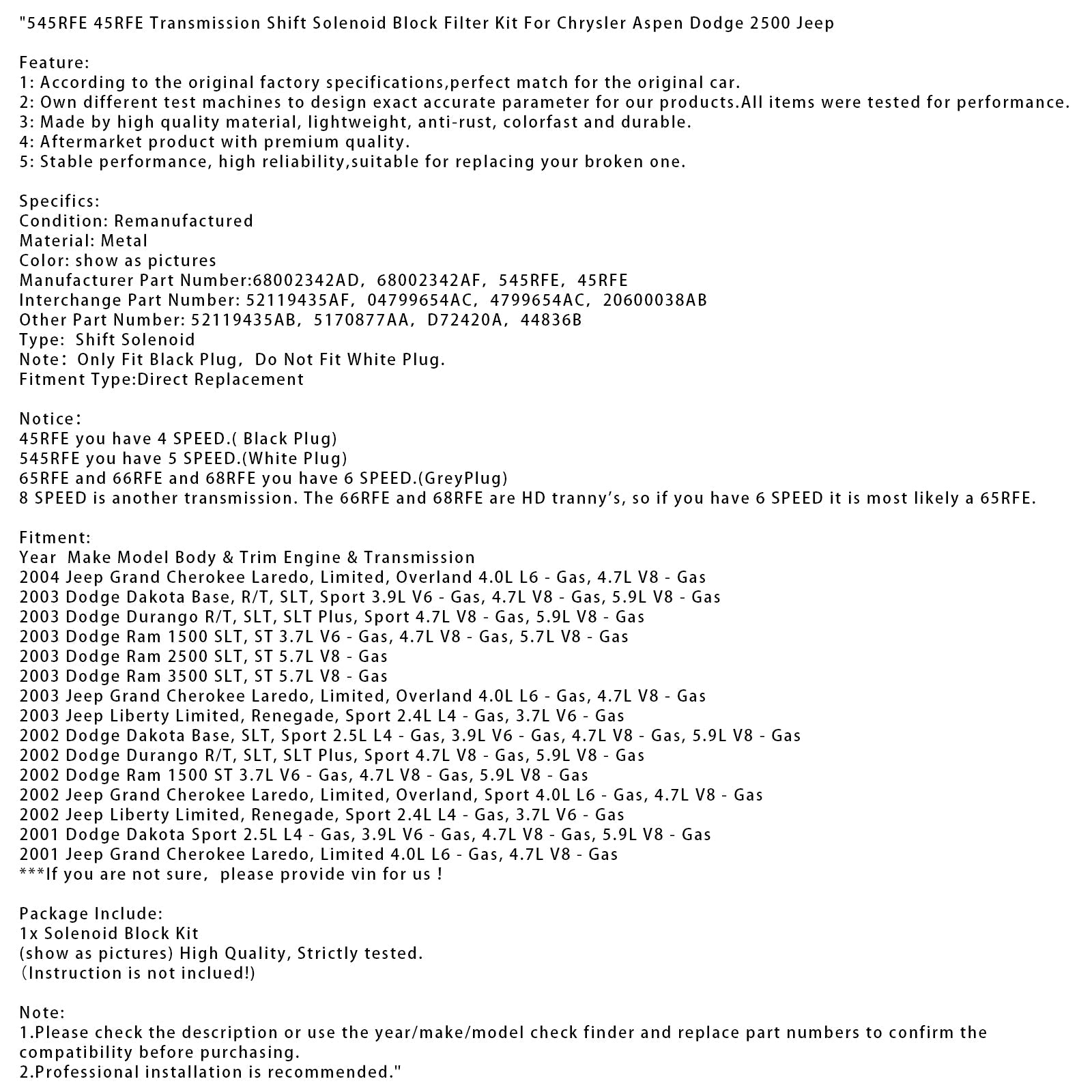 '-2003 Dodge Ram 1500 SLT, ST 3.7L V6 - bencinski, 4.7L V8 545RFE 45RFE Komplet filtra bloka solenoida prestavljanja menjalnika
