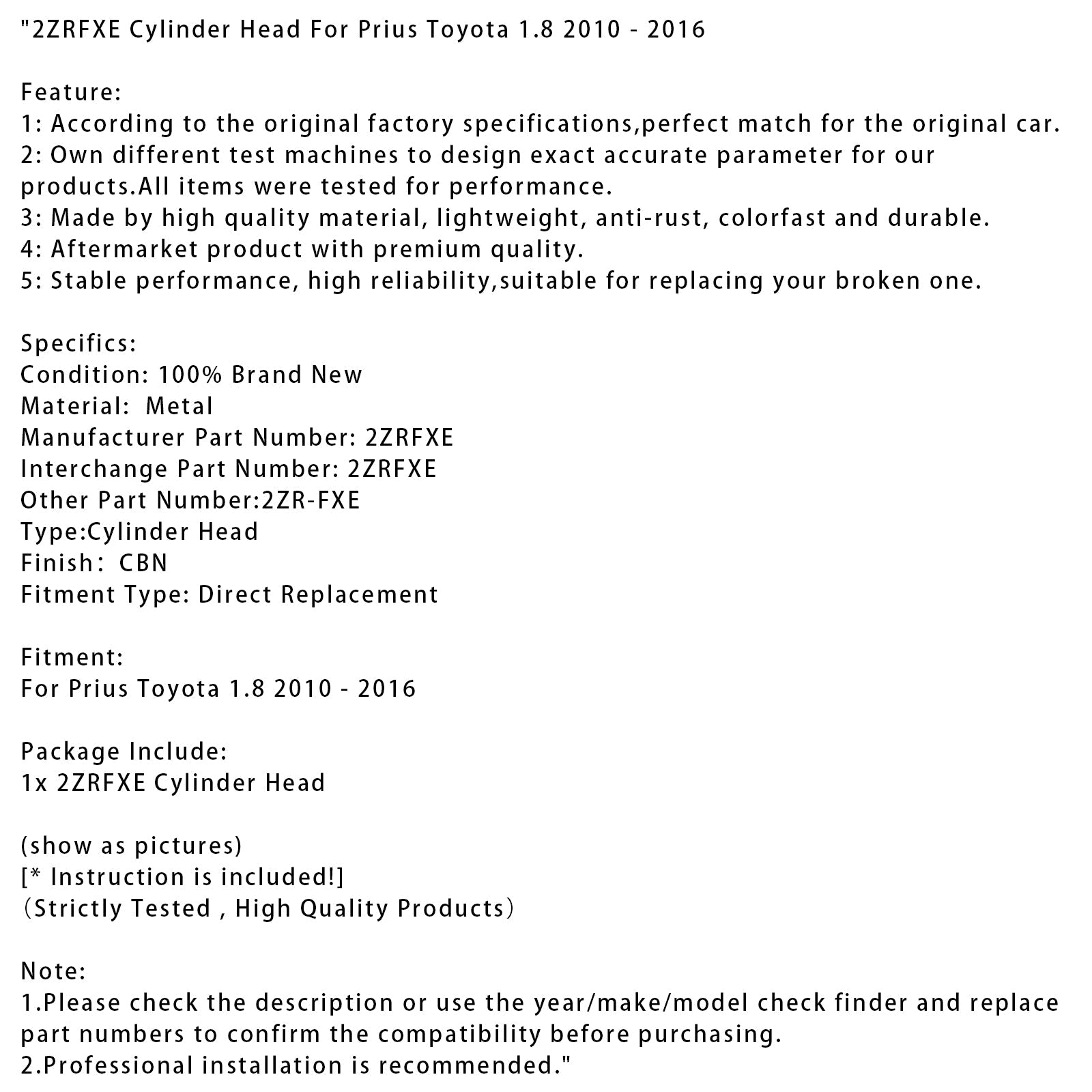 Toyota Prius 1.8 2010-2016 2ZRFXE Cylinder Head