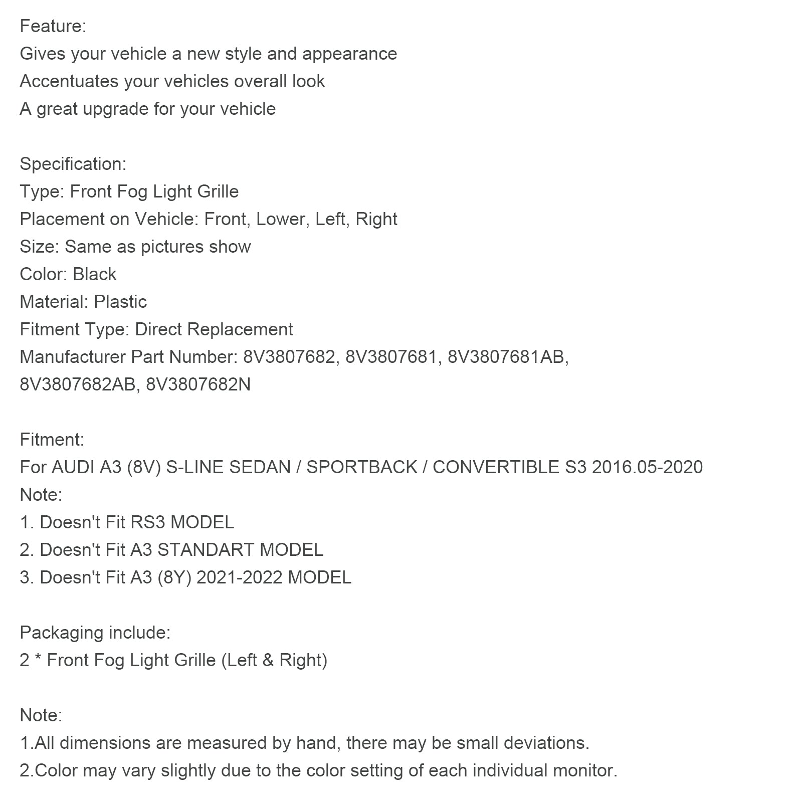 Osłona przedniego światła przeciwmgielnego Rama grilla Pasuje do AUDI A3 8V S-LINE 2017-2019