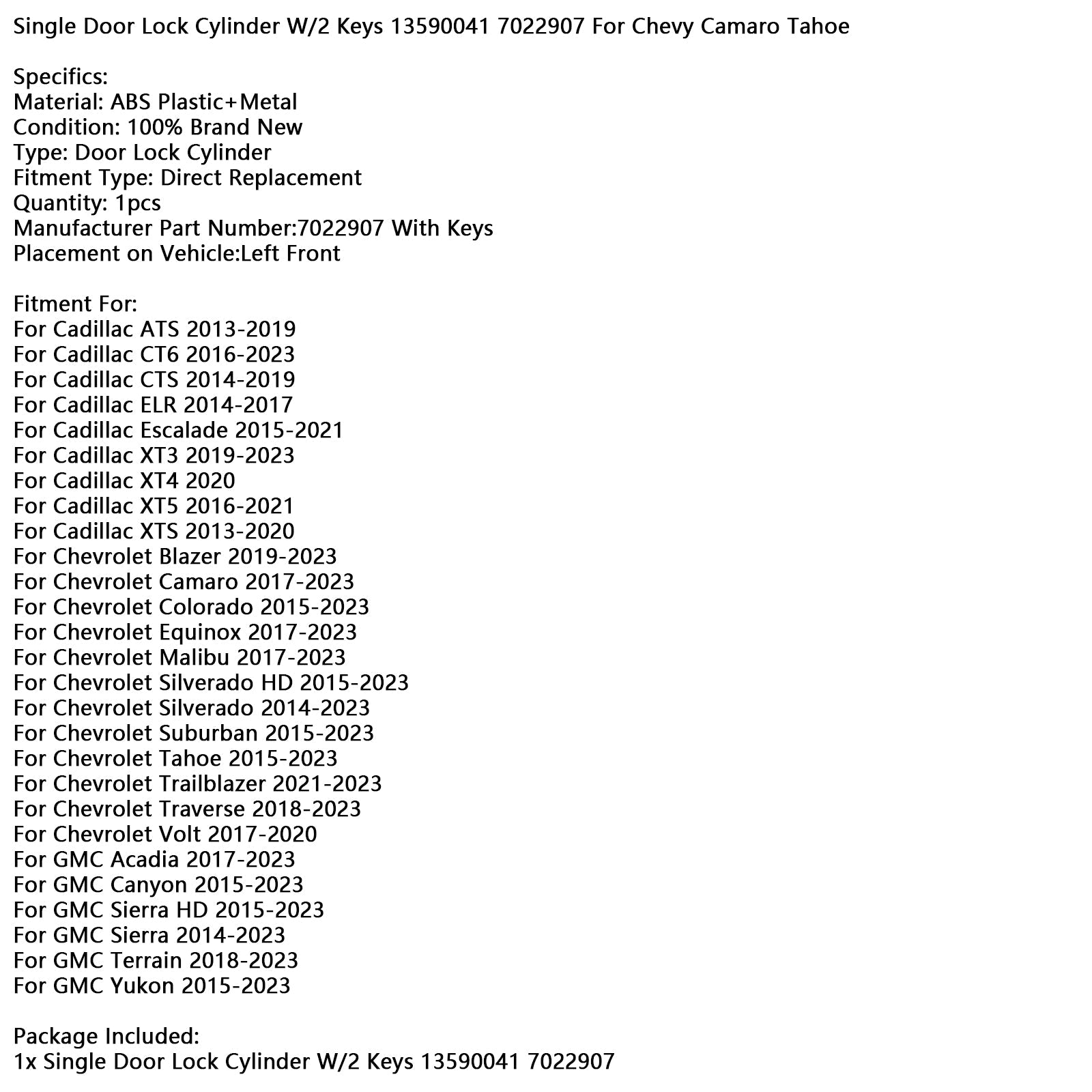 Lewy cylinder zamka drzwi z 2 klawiszami 13590041 7022907 dla Chevrolet Camaro Tahoe