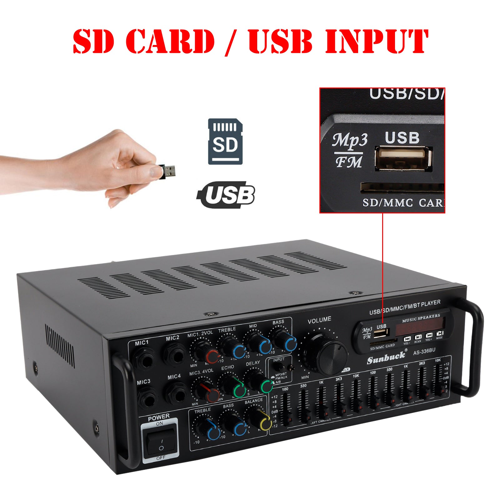 Bluetooth 5.0 Hifi Sunbuck 2000W Stereo Power Karaoke FM USB SD Amplificatore a