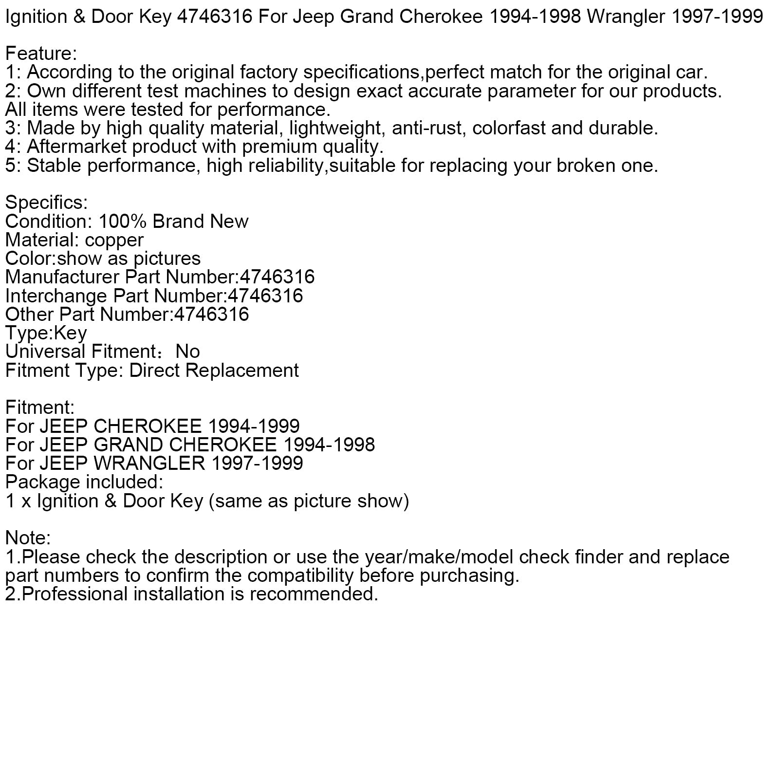 Kluczyk do zapłonu i drzwi 4746316 do Jeepa Grand Cherokee 1994-1998 i Wranglera 1997-1999