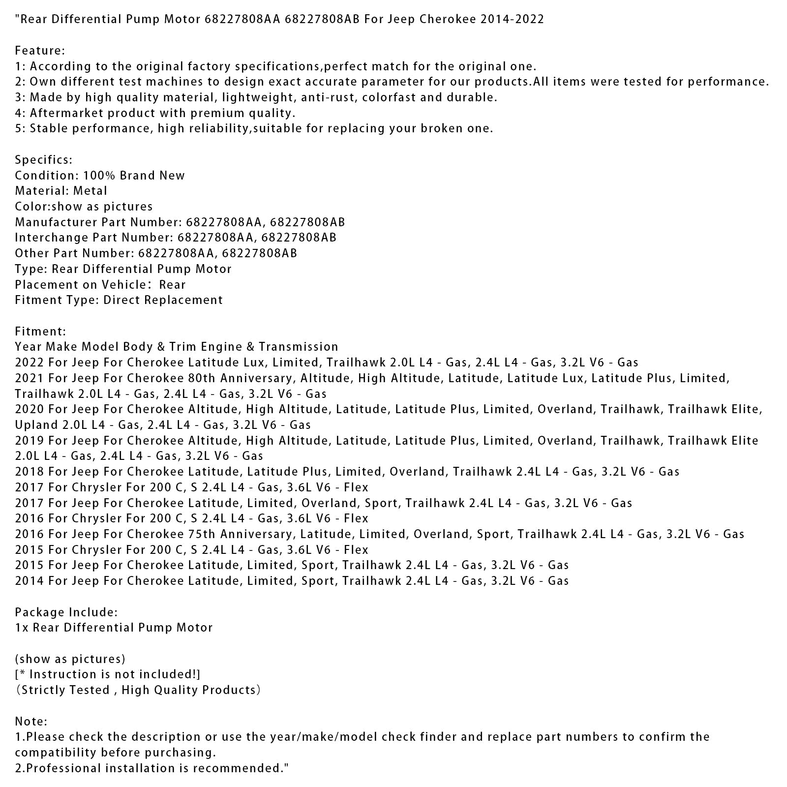 Erotteleva takapumpun moottori Jeep/cherokee 80 -vuotisjuhla 2021 korkean korkeuden leveysaste lutitude lutitude plus rajoitettu Trailhawk 2.0L L4 68227808AA 68227808AB