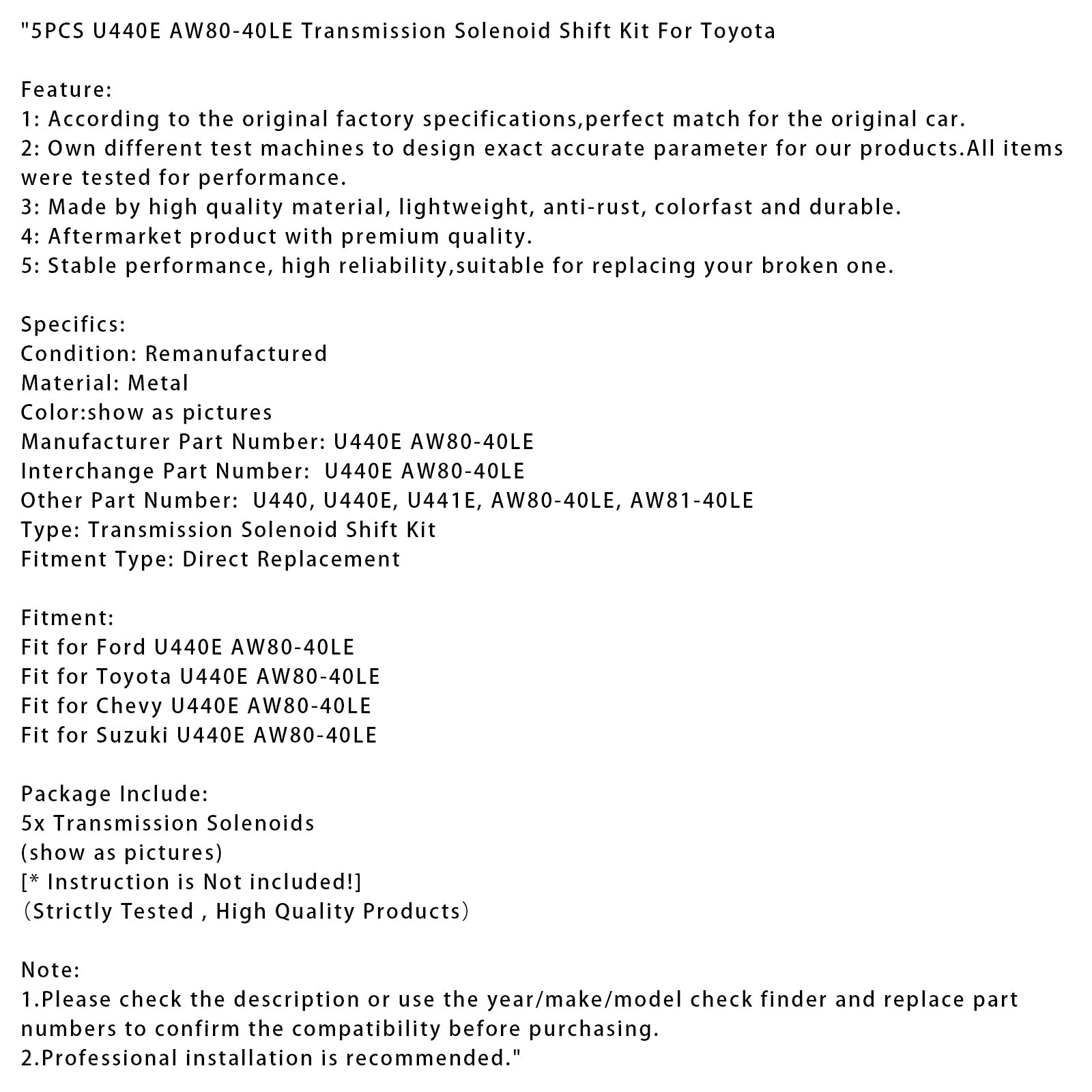 Kit de solénoïdes de changement de vitesse de transmission Ford Toyota Chevy Suzuki 5 pièces U440E AW80-40LE
