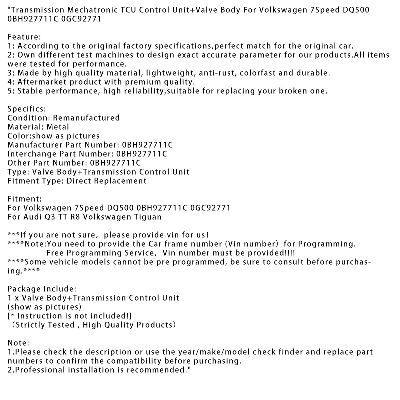 TCCU TRANSMISIÓN UNIDAD MECATRICA + Cuerpo de válvula para VW 7 velocidades DQ500 0BH