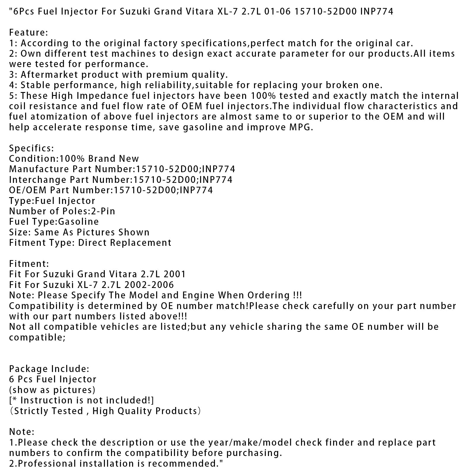 6 injecteurs de carburant pour Suzuki Grand Vitara XL-7 2.7L 01-06 15710-52D00 INP774