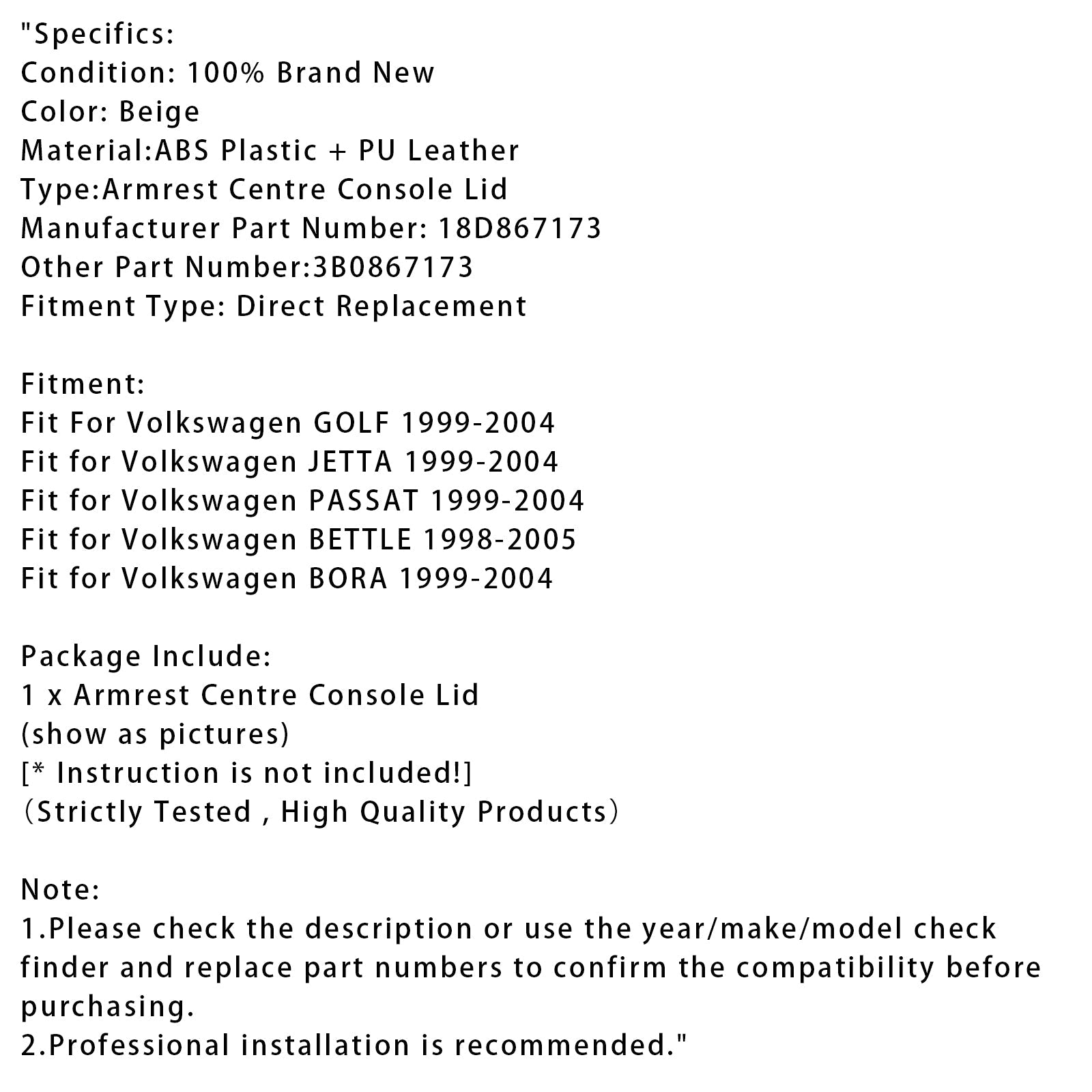 Cubierta de la consola central del reposabrazos de cuero beige para VW Mk4 Jetta Bora Golf 18D867173