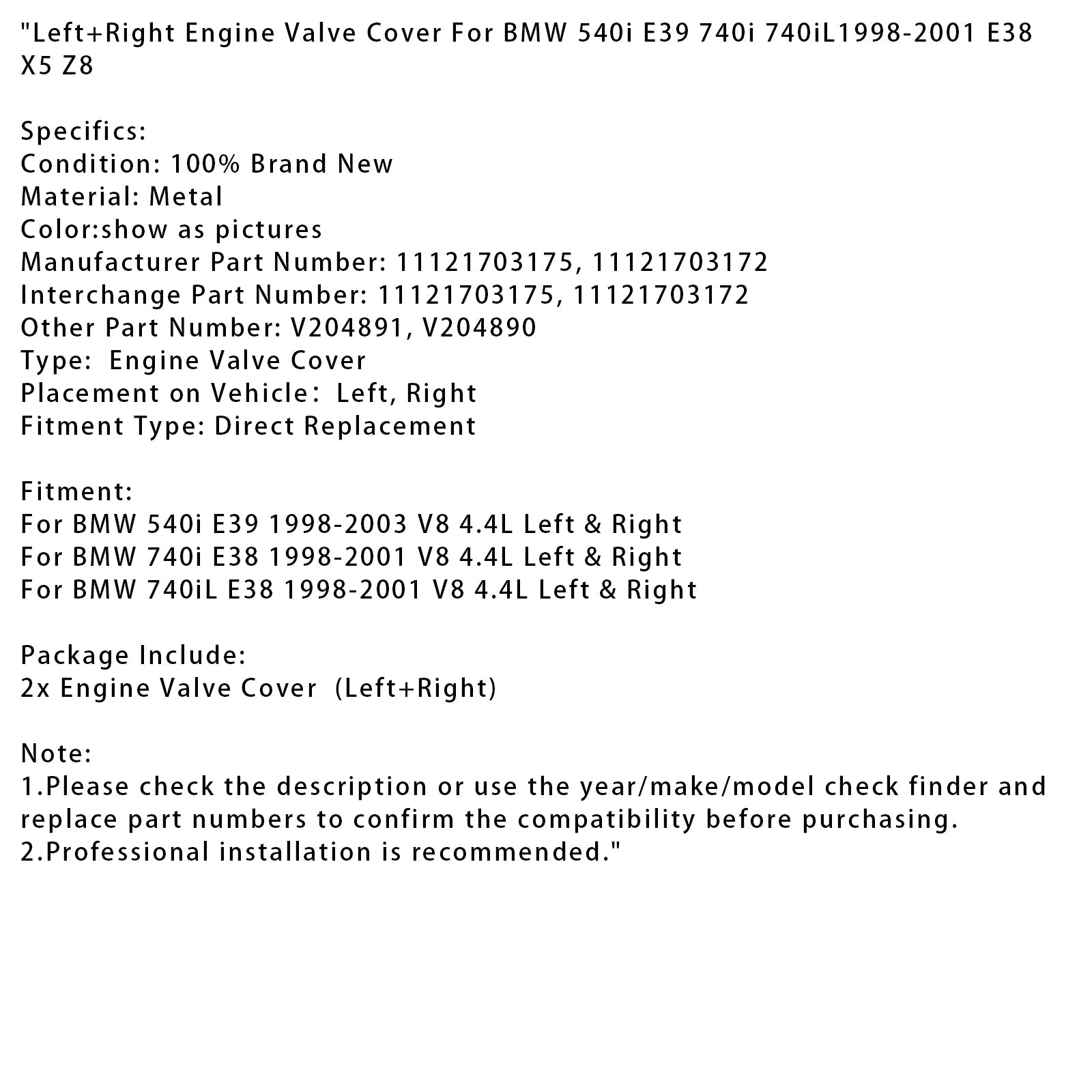 Cubierta de válvula del motor izquierda y derecha para BMW 540i E39 V8 4.4 L 1998-2003