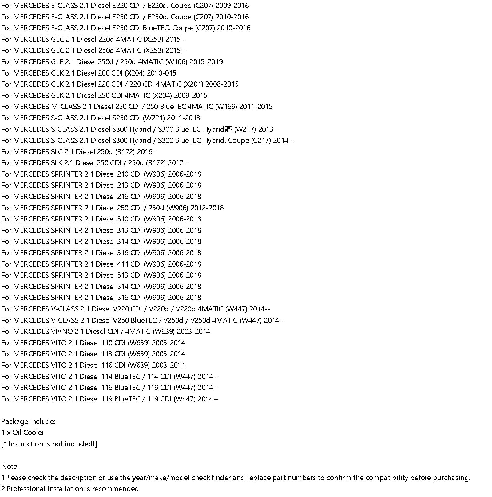 Radiatore dell'olio A6511800610 per Mercedes C Cls M E SLK GLK VITO GLE 2.2CDI EEP