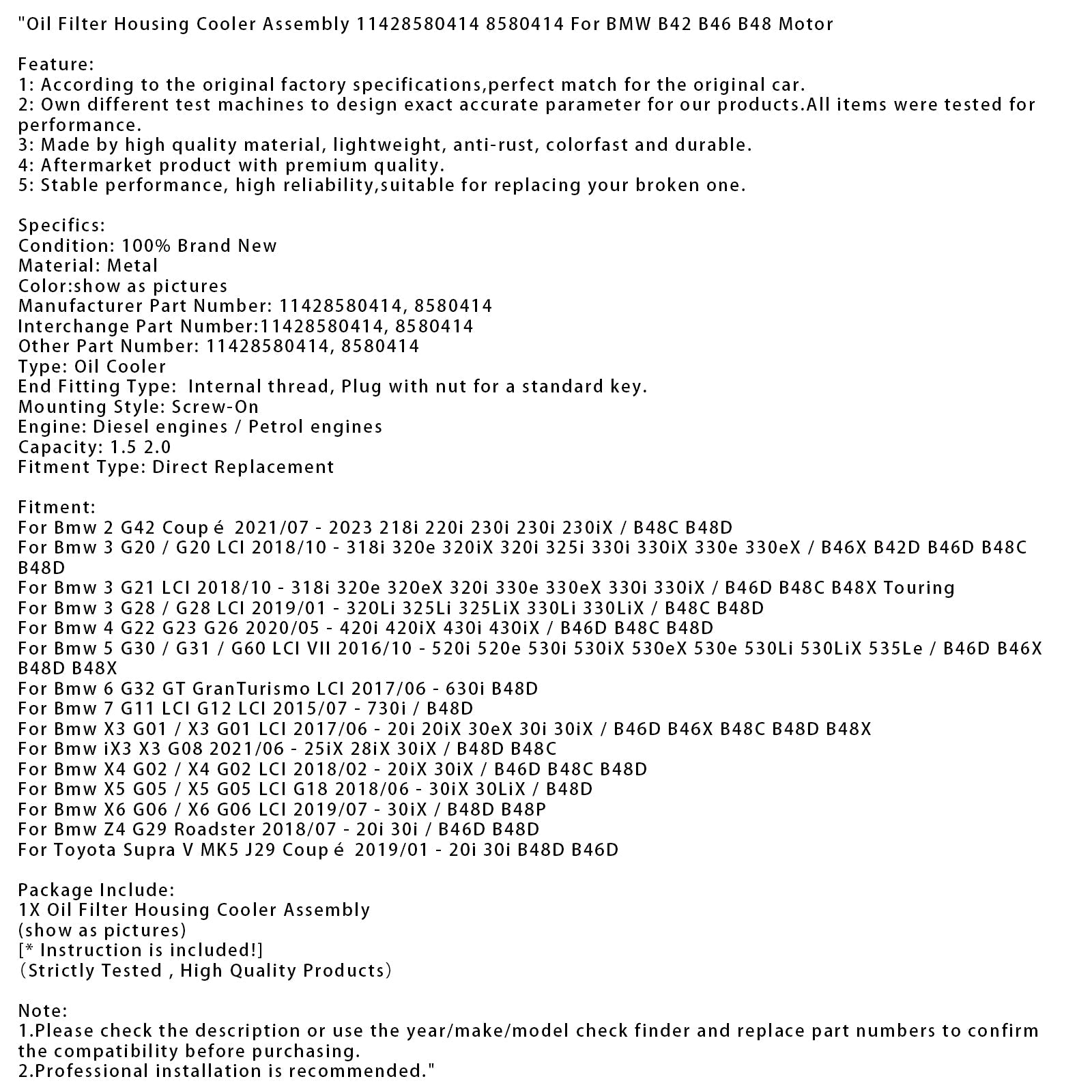 Case de filtro de aceite y enfriador 11428580414 8580414 para el motor BMW B42 B46 B48
