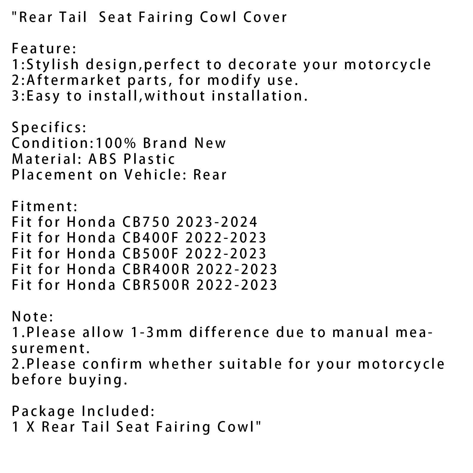 Takaistuimen suojakotelo Honda CB750 CB400F CB500F CBR400R CBR500R 22-23 Valkoinen