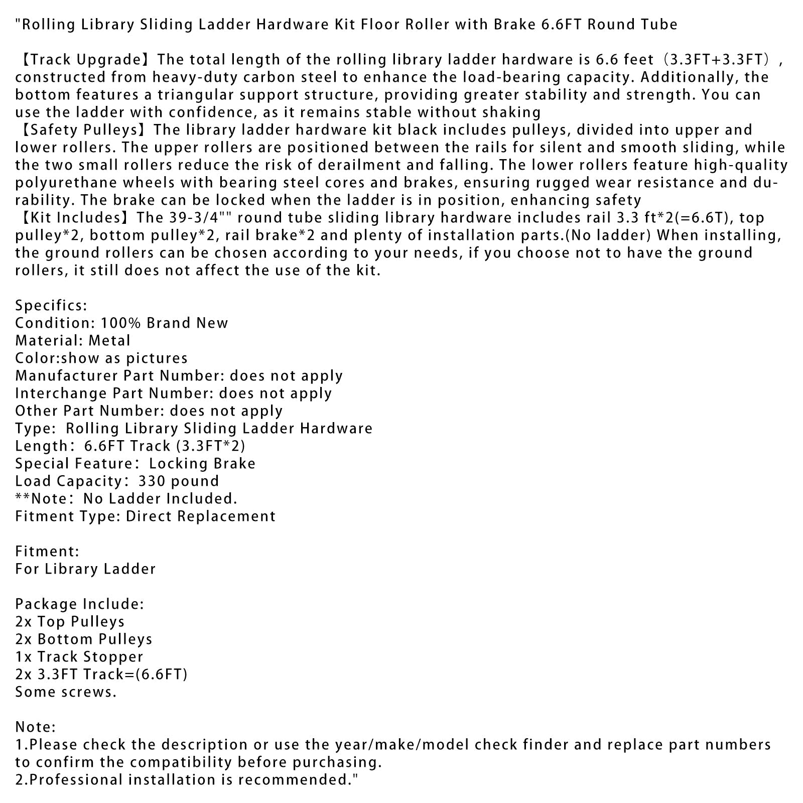 Kit de quincaillery para biblioteca deslizante para tubo redondo de 6.6 pies con freno