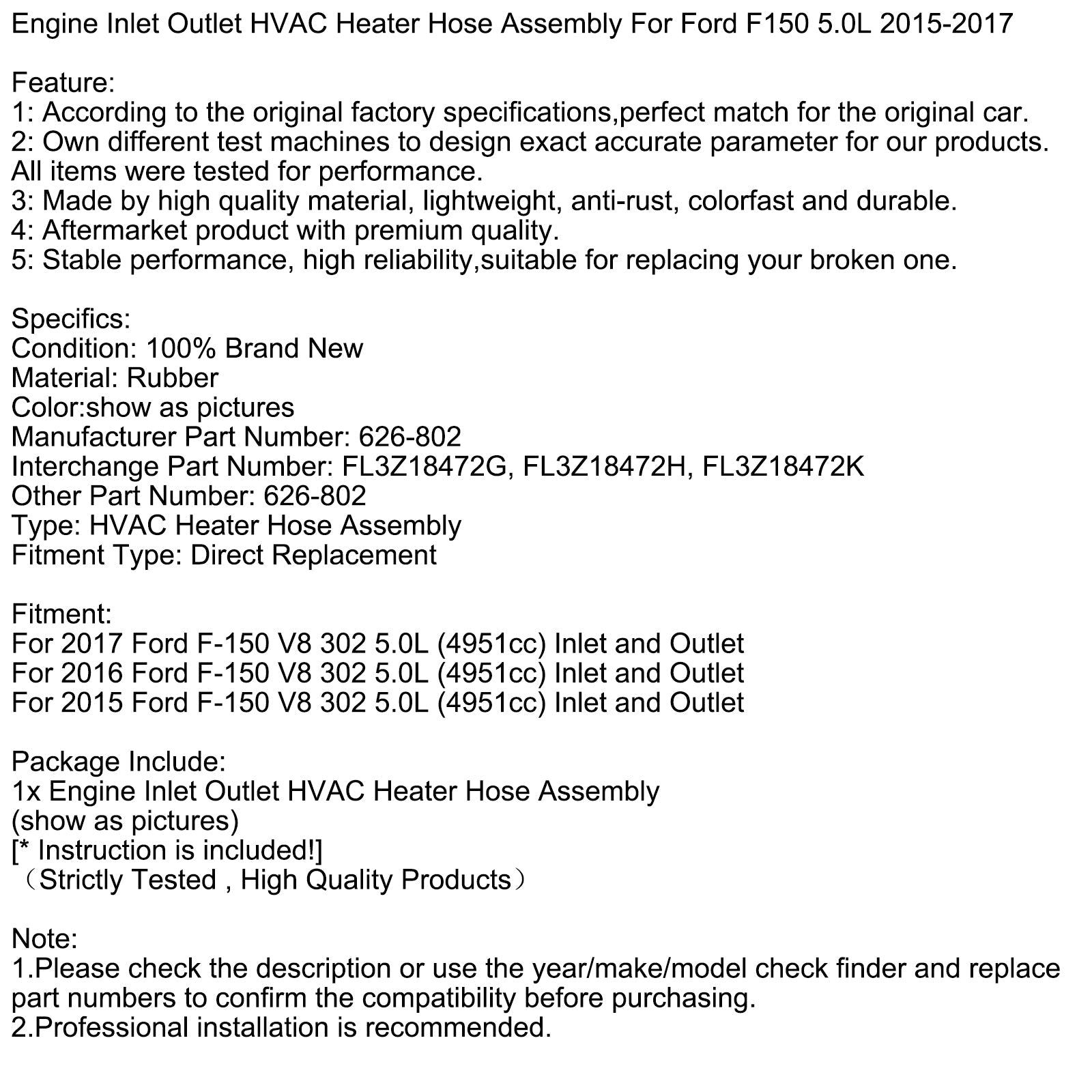 Lämmitysputkisarja, d&2015-2017 Ford F150 5.0L moottorin imu- ja pakoputkisto