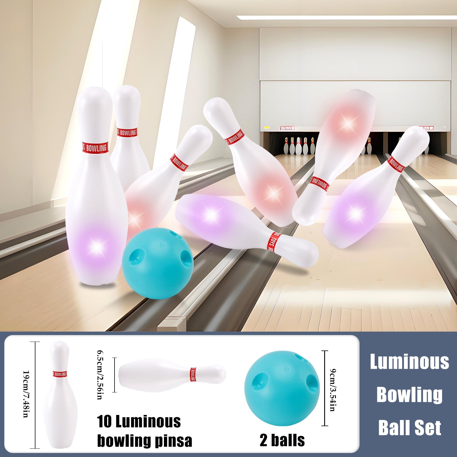 Ensemble de boules de bowling lumineuses de 19 cm pour enfants, jeu de fête d'intérieur et d'extérieur, jouet cadeau