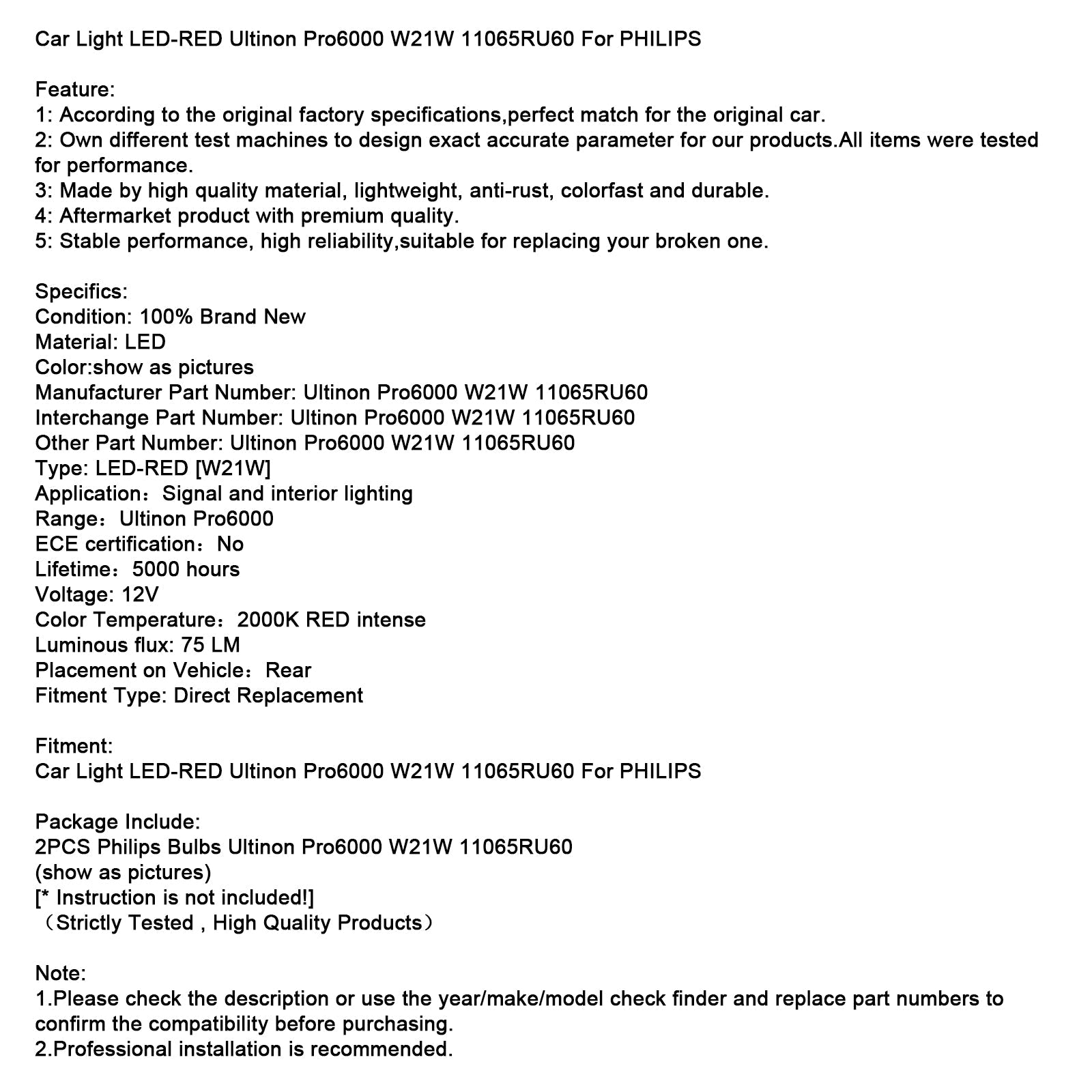 Phare LED rouge Ultinon Pro6000 W21W 11065RU60 pour voiture Philips