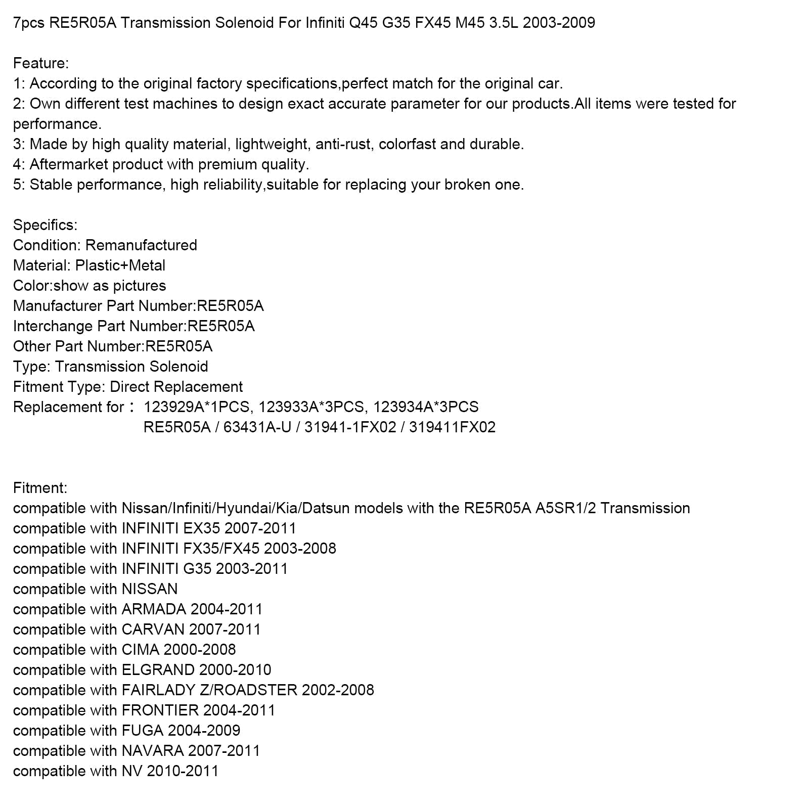 2007-2011 NISSAN NAVARA 7 piezas RE5R05A Solenoide de transmisión 63431A-U