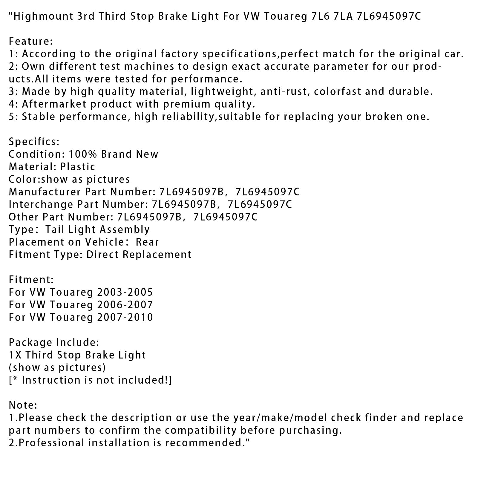 2003-2010 VW Touareg Highmount trzecie trzecie światło hamowania 7L6 7LA 7L6945097C