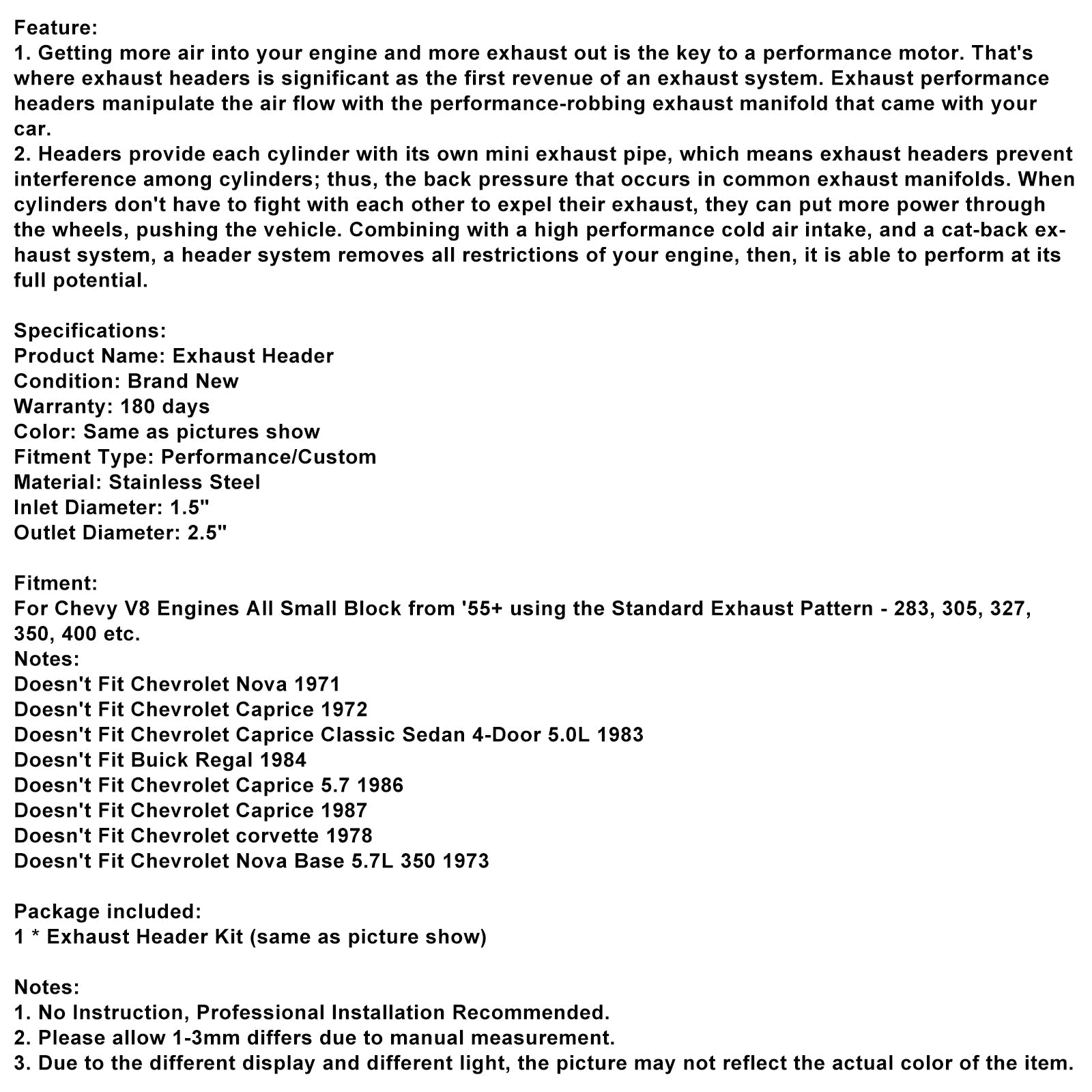 Kolekcjoner&Układ wydechowy do Chevroleta Small Block SB V8 262 265 283 305 327 350 400