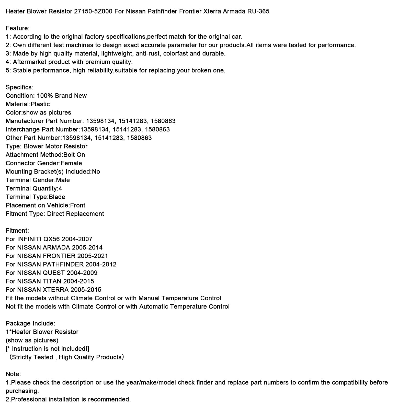 Résistance de ventilateur de chauffage 27150-5Z000 pour Nissan Pathfinder Frontier Xterra Armada