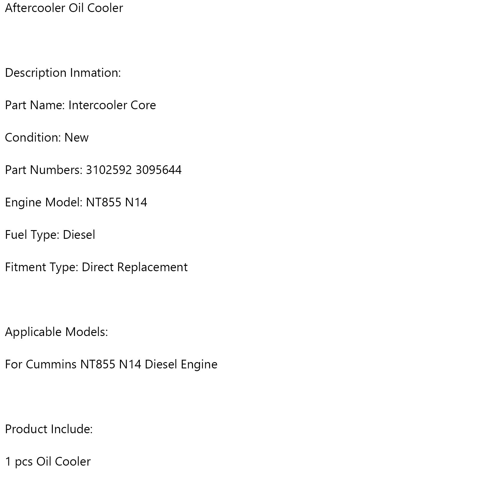 Refroidisseur d'huile de suralimentation 3102592 3095644 pour moteur diesel Cummins NT855 N14