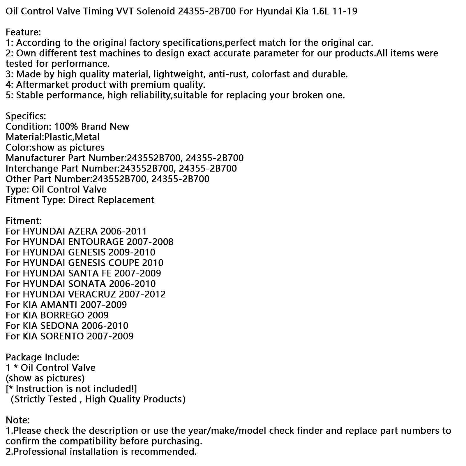 Distributie-magneetventiel'VVT-olie 24355-2B700 voor Hyundai Kia 1.6L 11-19