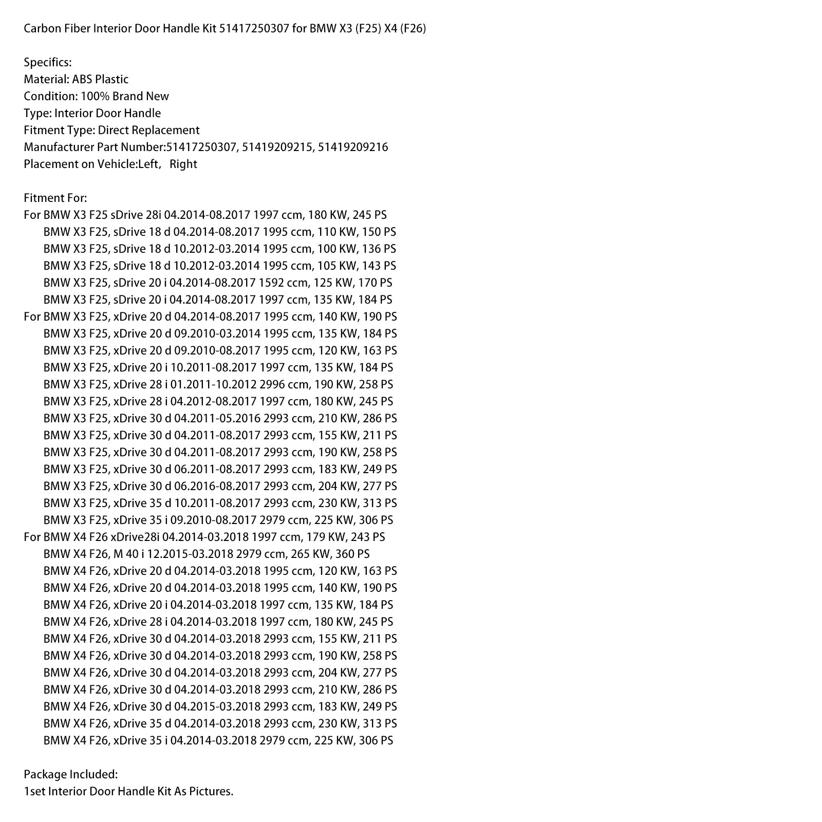 Koolstofvezel binnendeurgreepset 51417250307 voor BMW X3 (F25) X4 (F26)