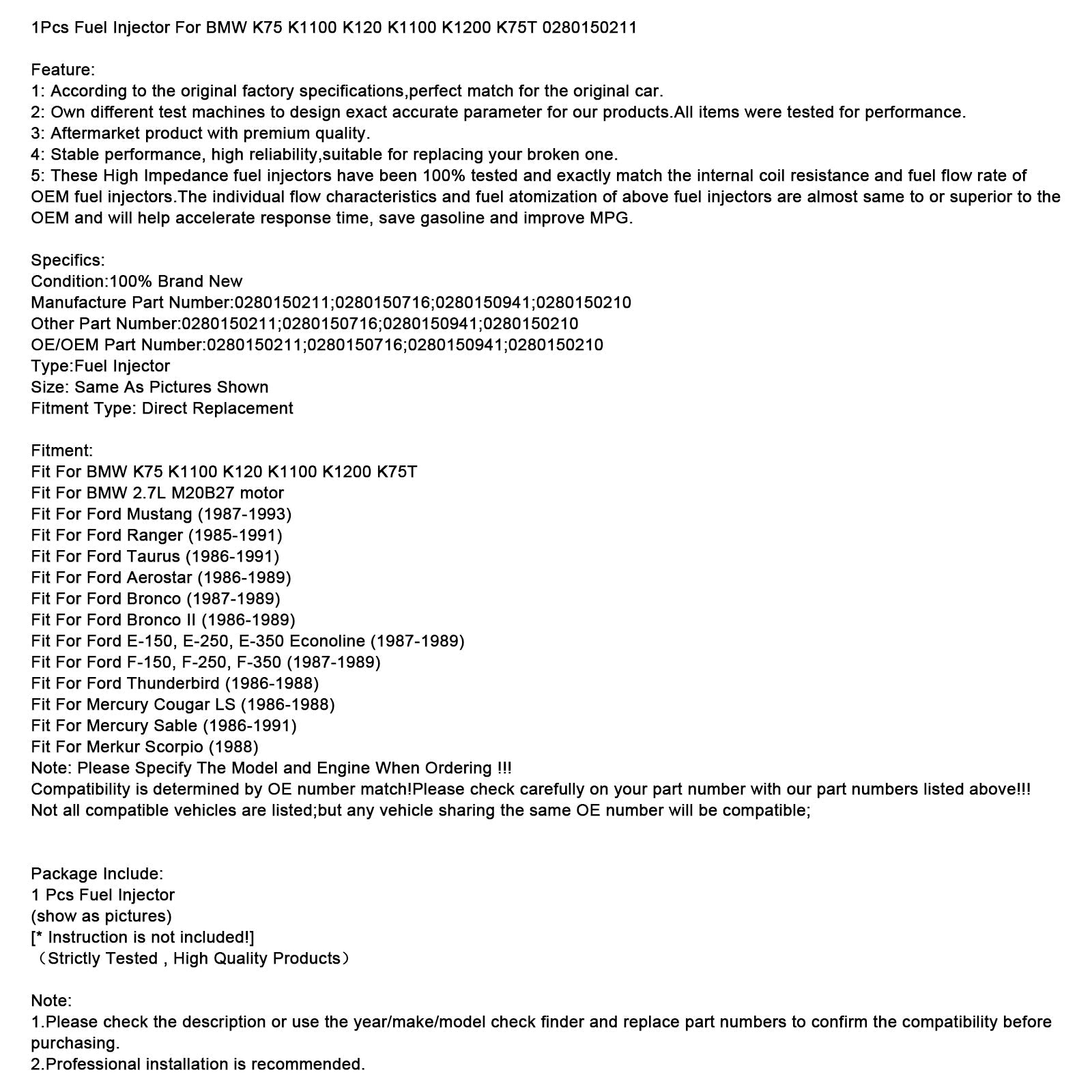 1 injecteur de carburant pour BMW K75 K1100 K120 K1100 K1200 K75T 0280150211