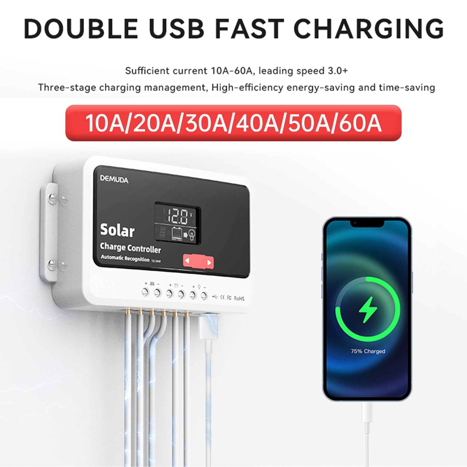 Contrôleur solaire automatique PWM 12 V 24 V 48 V 10 A-60 A, phosphate de fer