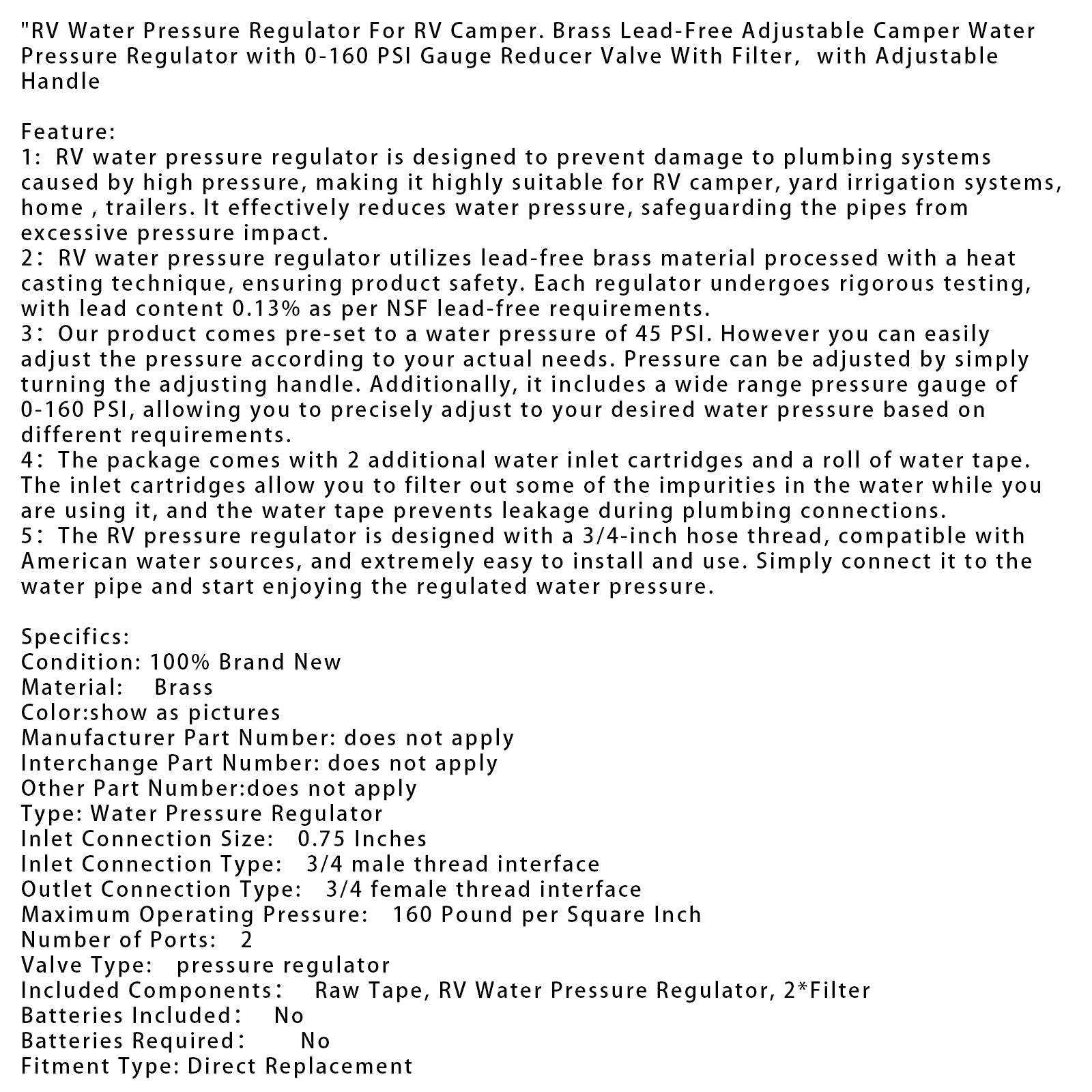 Regulator ciśnienia d'woda do kamperów. Mosiężna, bezołowiowa, regulowana.