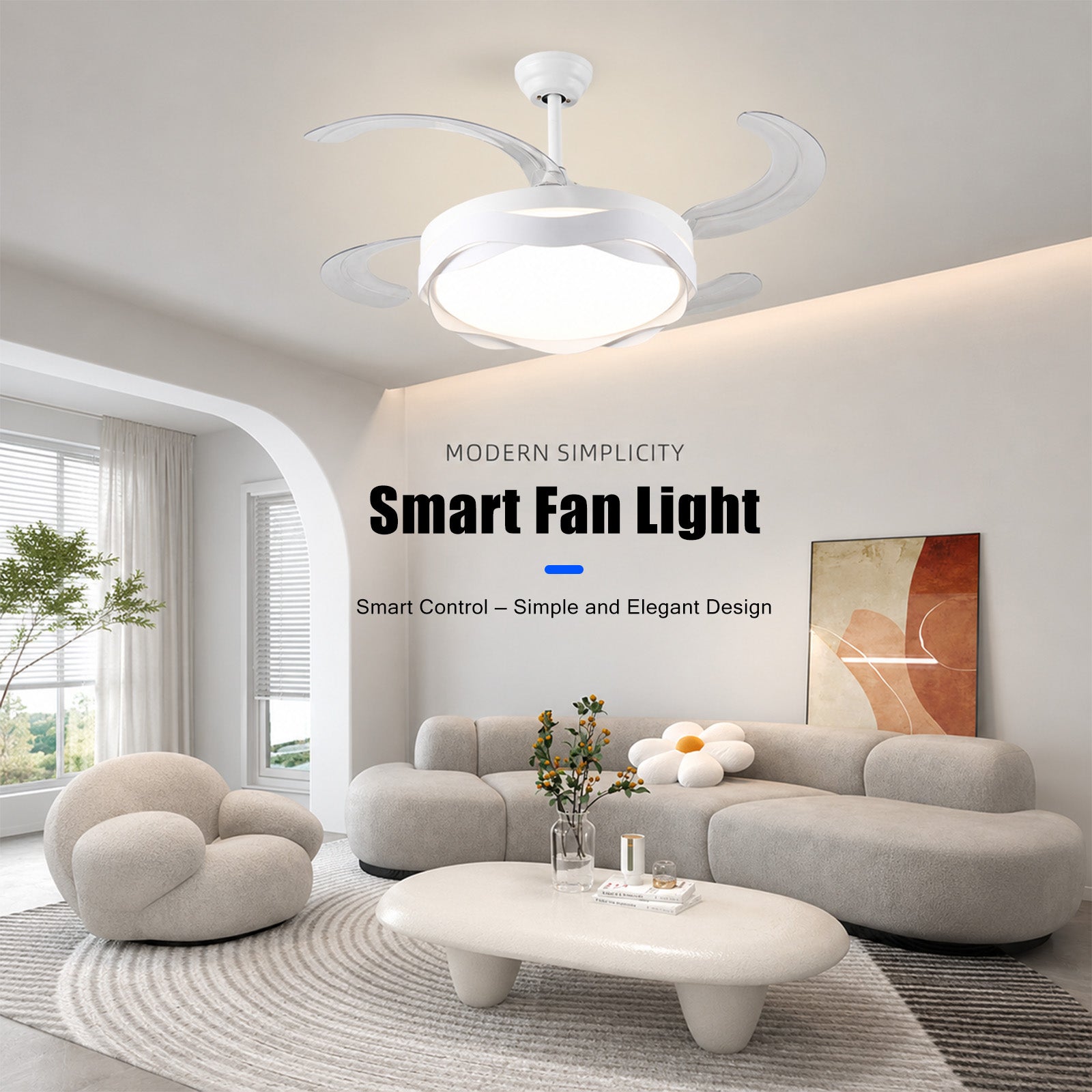 Ventilateur de Plafond Moderne 48" avec Éclairage – Pales Transparentes Rétractables, 6 Vitesses, 35 W, Contrôle par Application