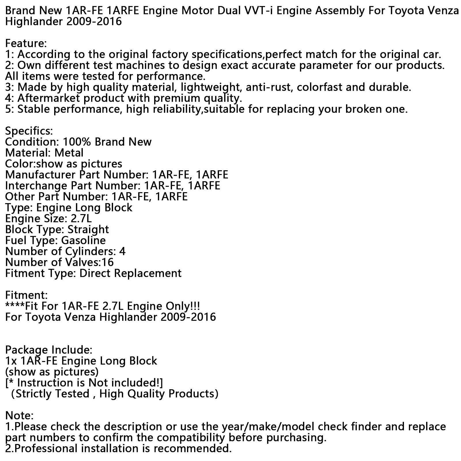 Nieuwe 1AR-FE 1ARFE dubbele VVT-i-motor voor Toyota Venza Highlander