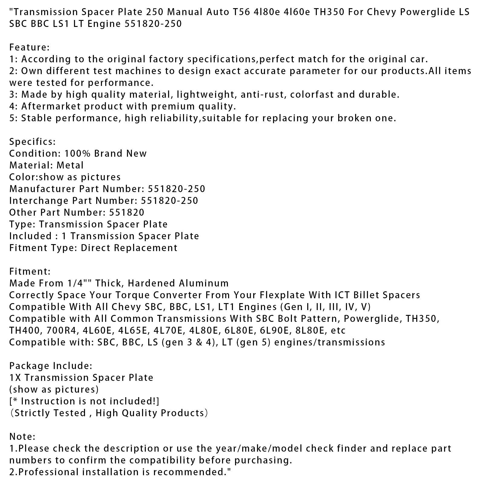 250 spaziatura di trasmissione manuale per il motore Chevy Powerglide