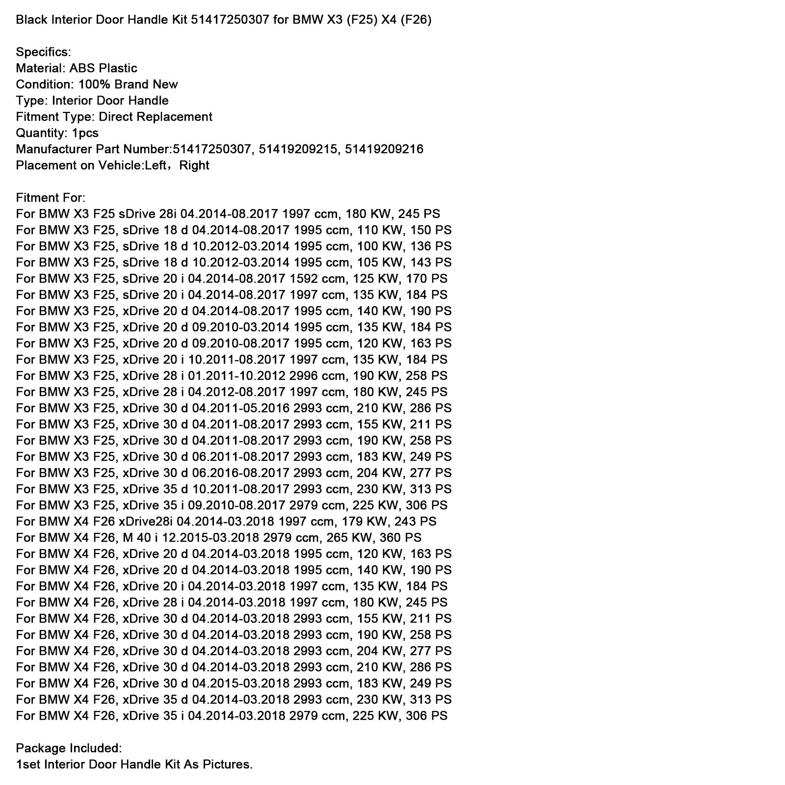 Kit de poignées de porte intérieures noires 51417250307 pour BMW X3 (F25) X4 (F26)