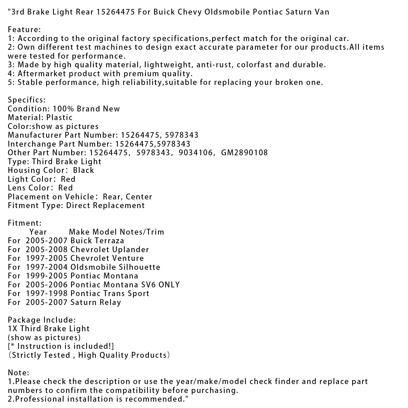Troisième feu stop arrière 15264475 pour fourgonnette Buick, Chevy, Oldsmobile, Pontiac, Saturn
