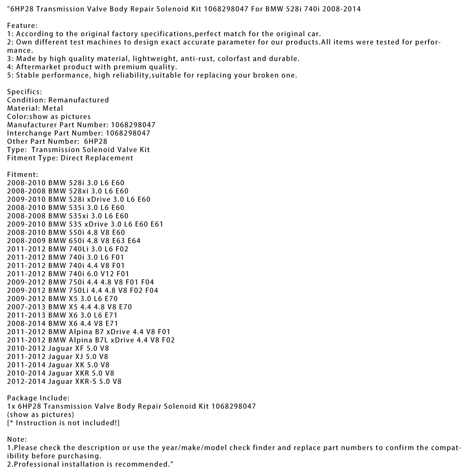 Zestaw naprawczy korpusu zaworu elektromagnetycznego skrzyni biegów BMW X6 4.4 V8 E71 6HP28 2008-2014 1068298047