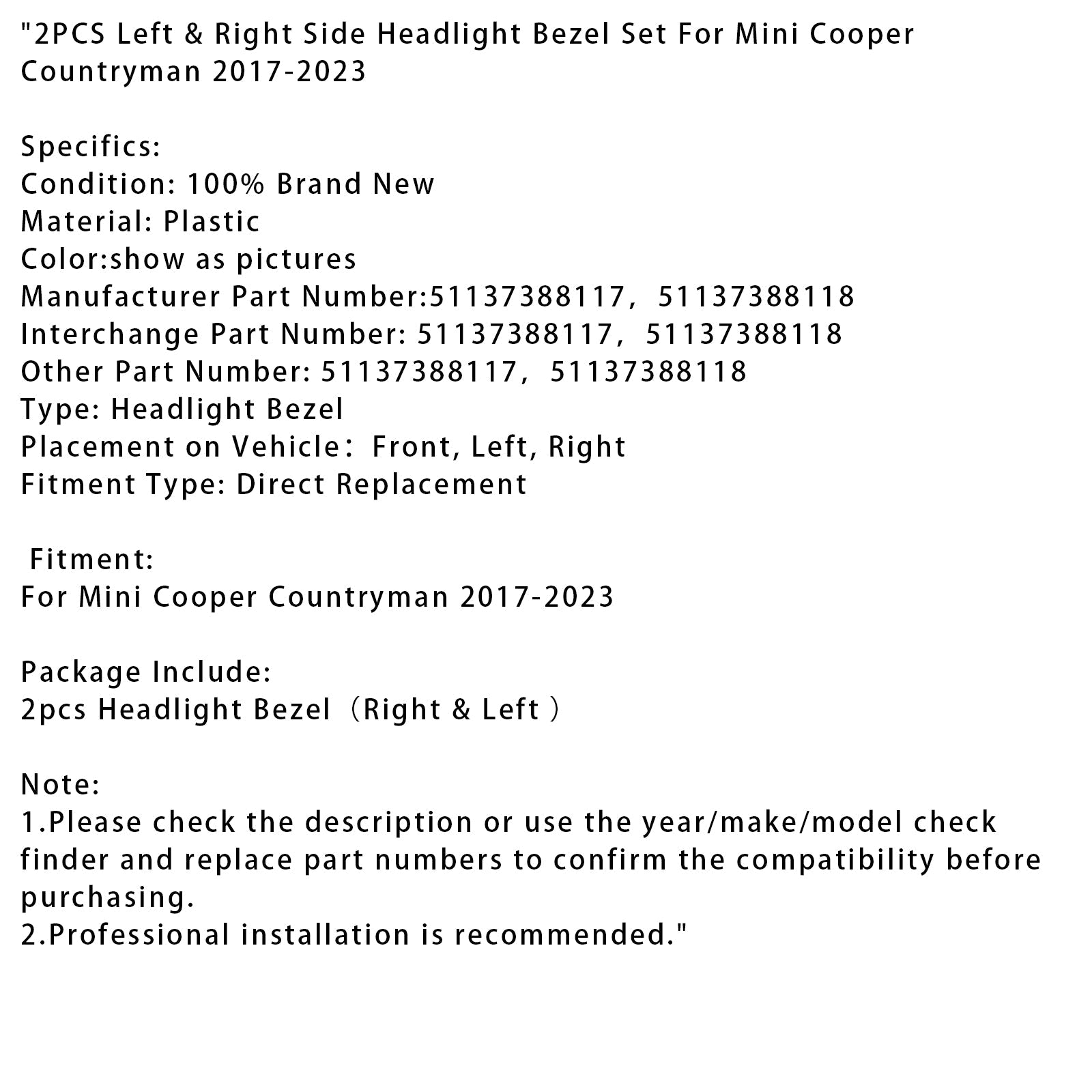 Ensemble de 2 enjoliveurs de phares gauche et droit pour Mini Cooper Countryman 2017-2023