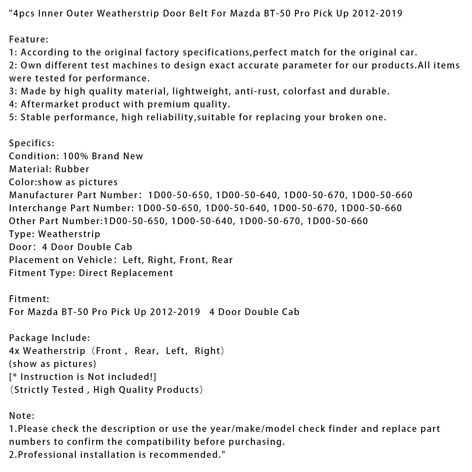 Juego de 4 juntas&Sellos de correa de puerta interior y exterior para Mazda BT-50 Pro Pick-Up 2012-2019