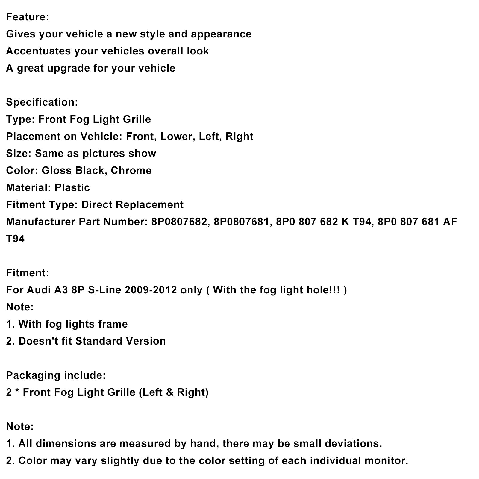 Spodnji sprednji odbijač za Audi A3 S-Line S3 2009-2012, pokrov pokrova 8P0807682 8P0807681