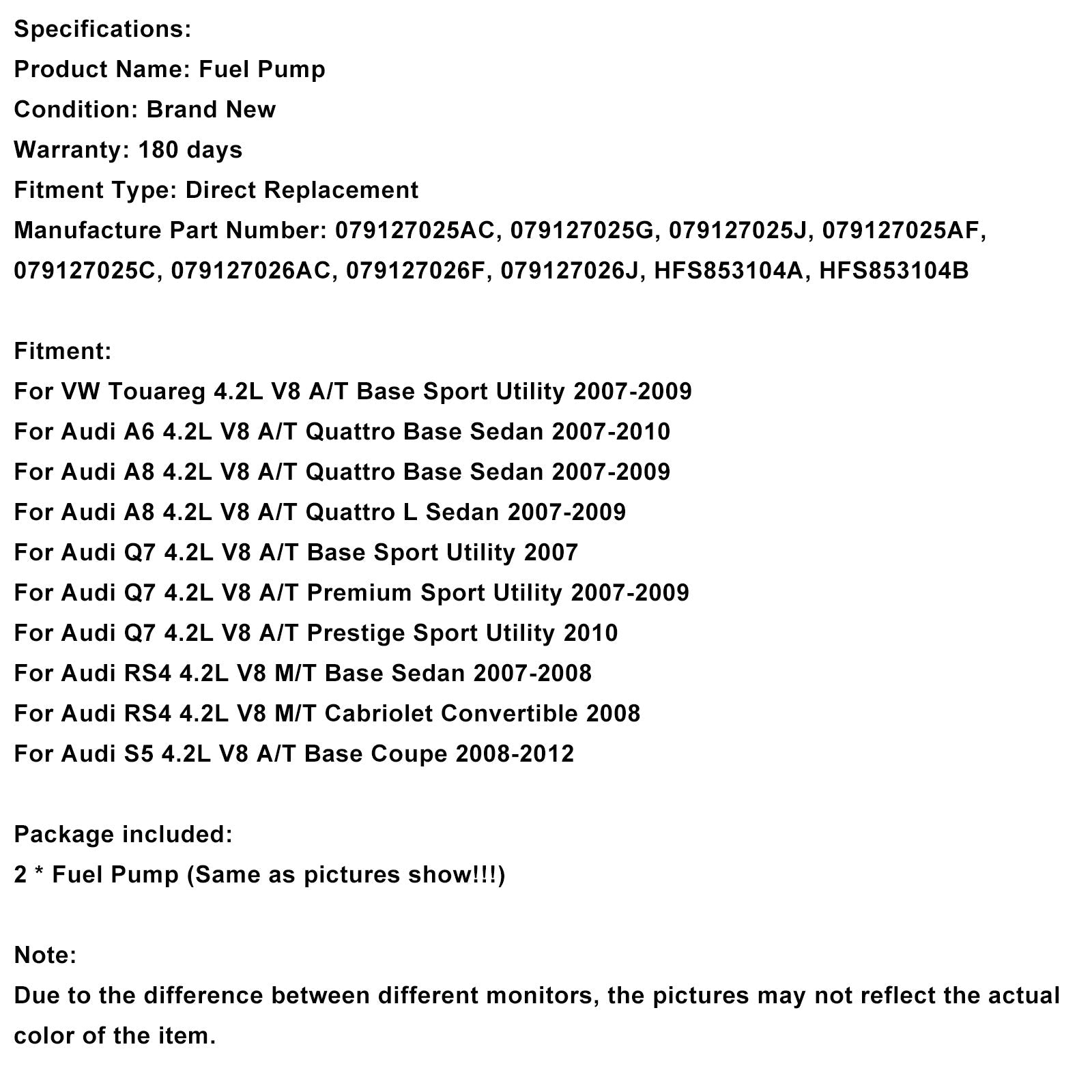 Pompe à carburant haute pression (2 pièces) 079127025AC pour Audi Q7 4.2L V8 A/T Premium Sport Utility (2007-2009).