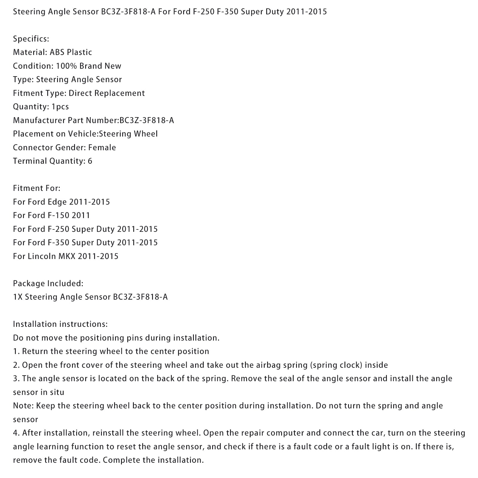 Stuurhoeksensor BC3Z-3F818-A voor Ford F-250 F-350 Super Duty 2011-2015