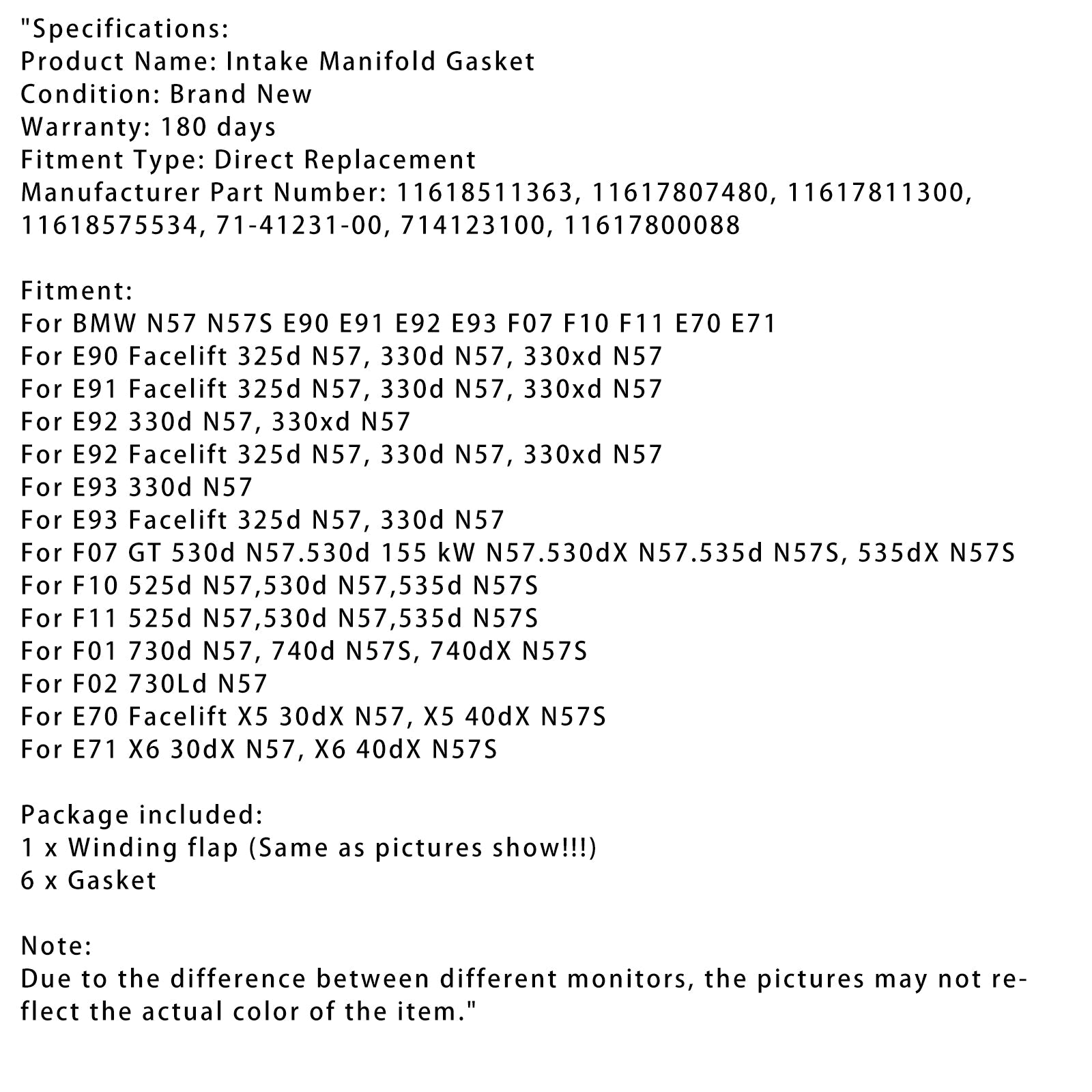 Junta del colector de admisión de 6 uds 1167807480 para BMW E90-93 F10 F11 F07 X5 X6 N57