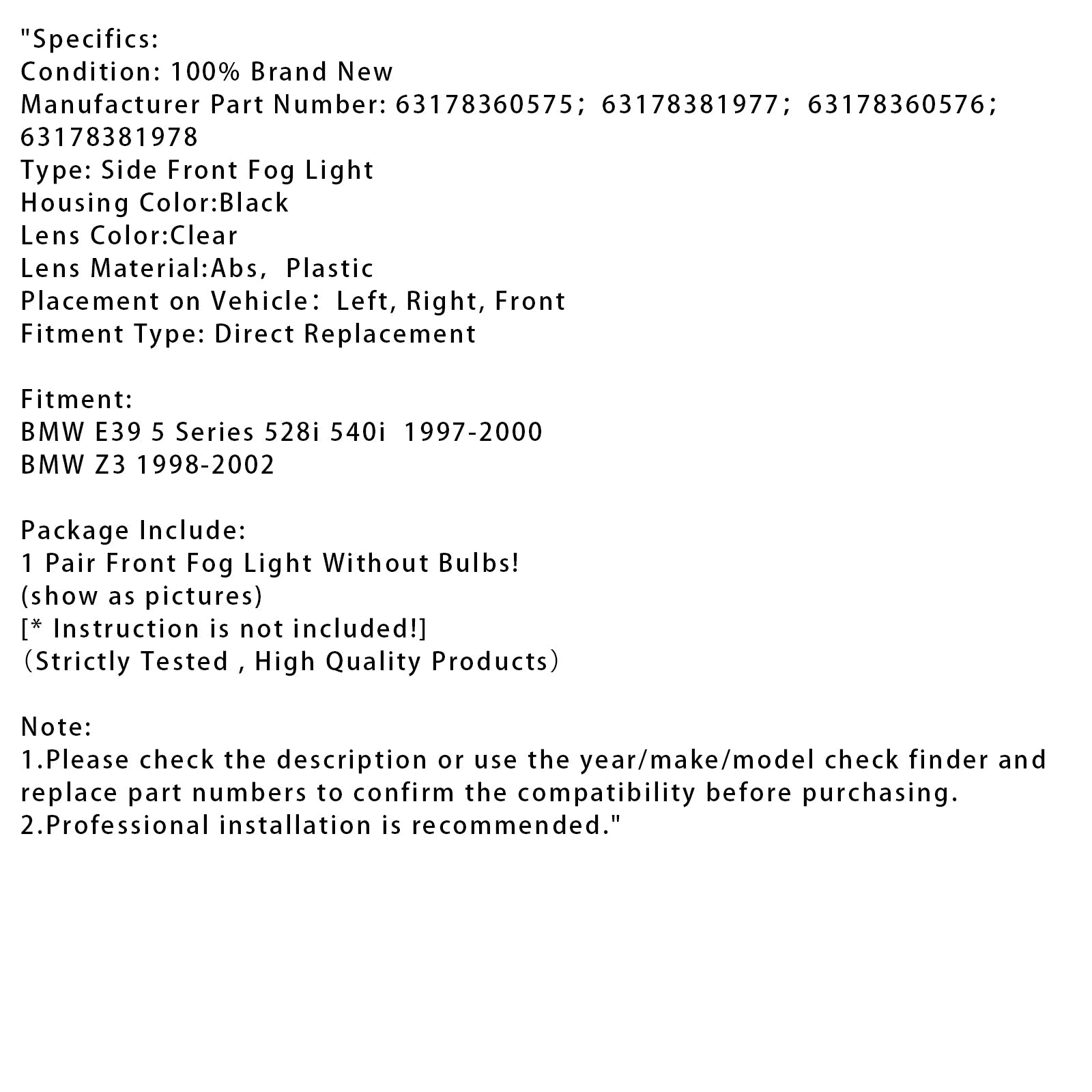 Paire de feux antibrouillard avant sans ampoules pour BMW E39 Série 5 (1995-1998)