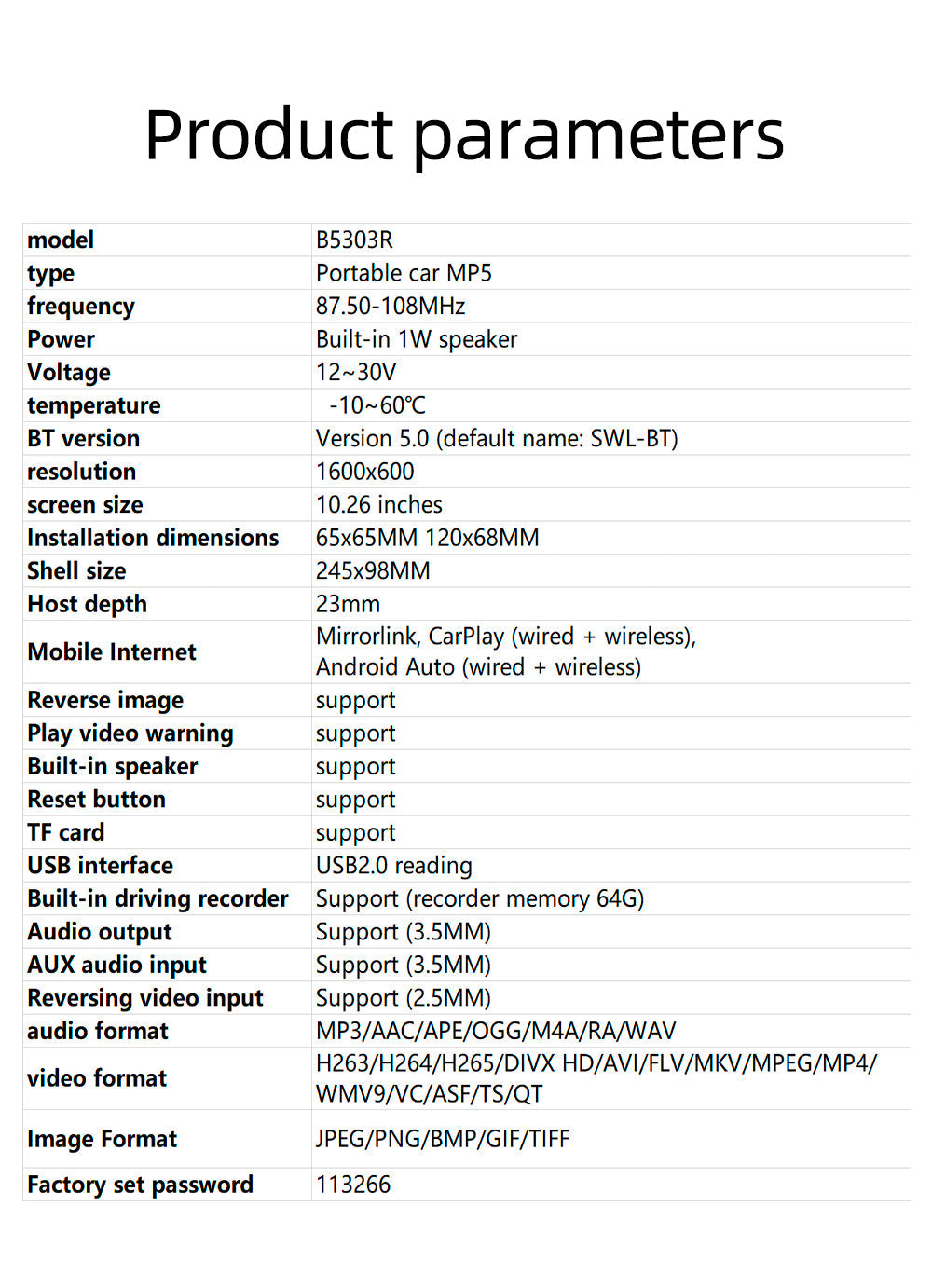 10.26" Carplay Wireless Bluetooth FM Radio Car MP5 Player AHD Registratore Fotocamera