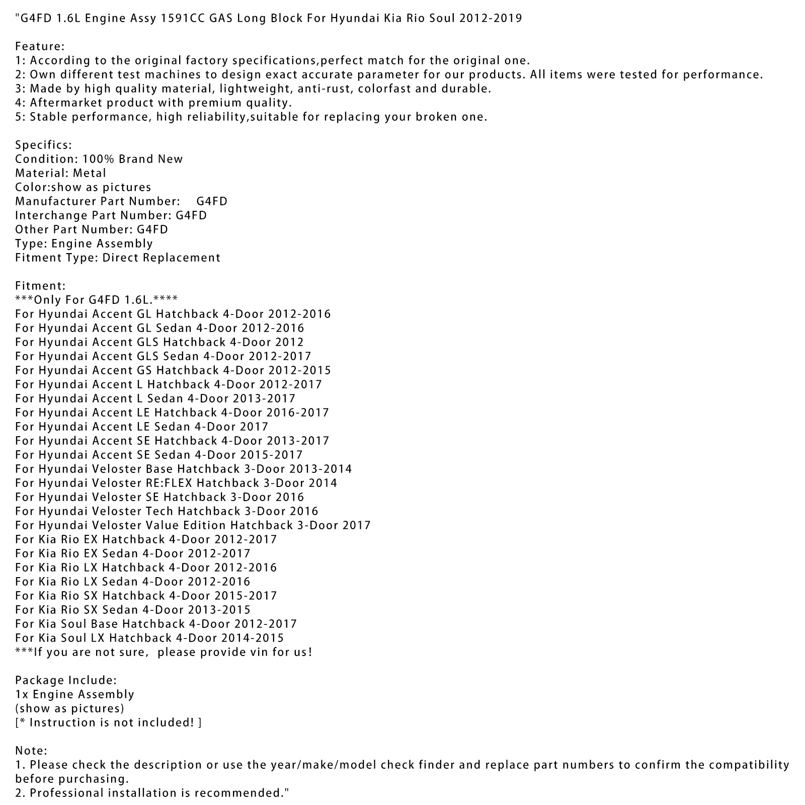 Blocco motore completo 1.6L 1591cc G4FD per Hyundai accent se berlina a quattro porte 2013 - 2017