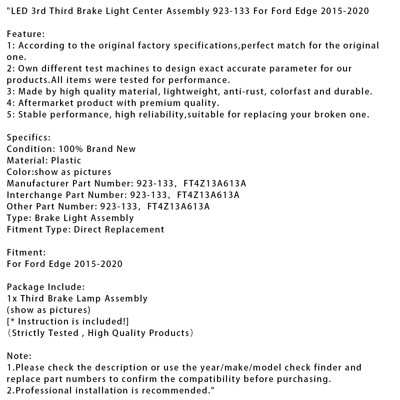 LED 3er Tercero Conjunto de centro de luz de freno 923-133 para Ford Edge 2015-2020