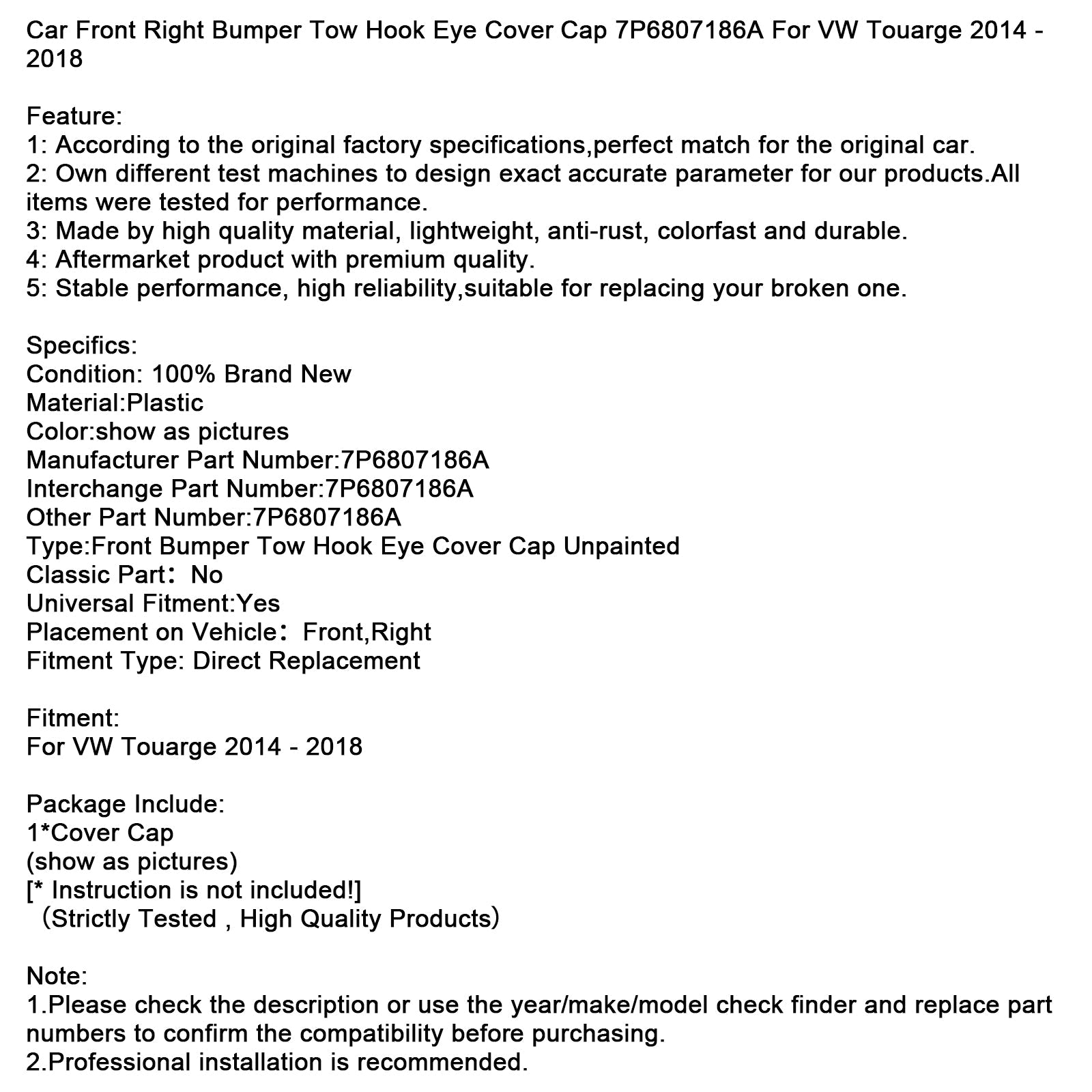 Pokrov pokrova vlečne kljuke sprednjega desnega odbijača 7P6807186A za VW Touarge 14-18
