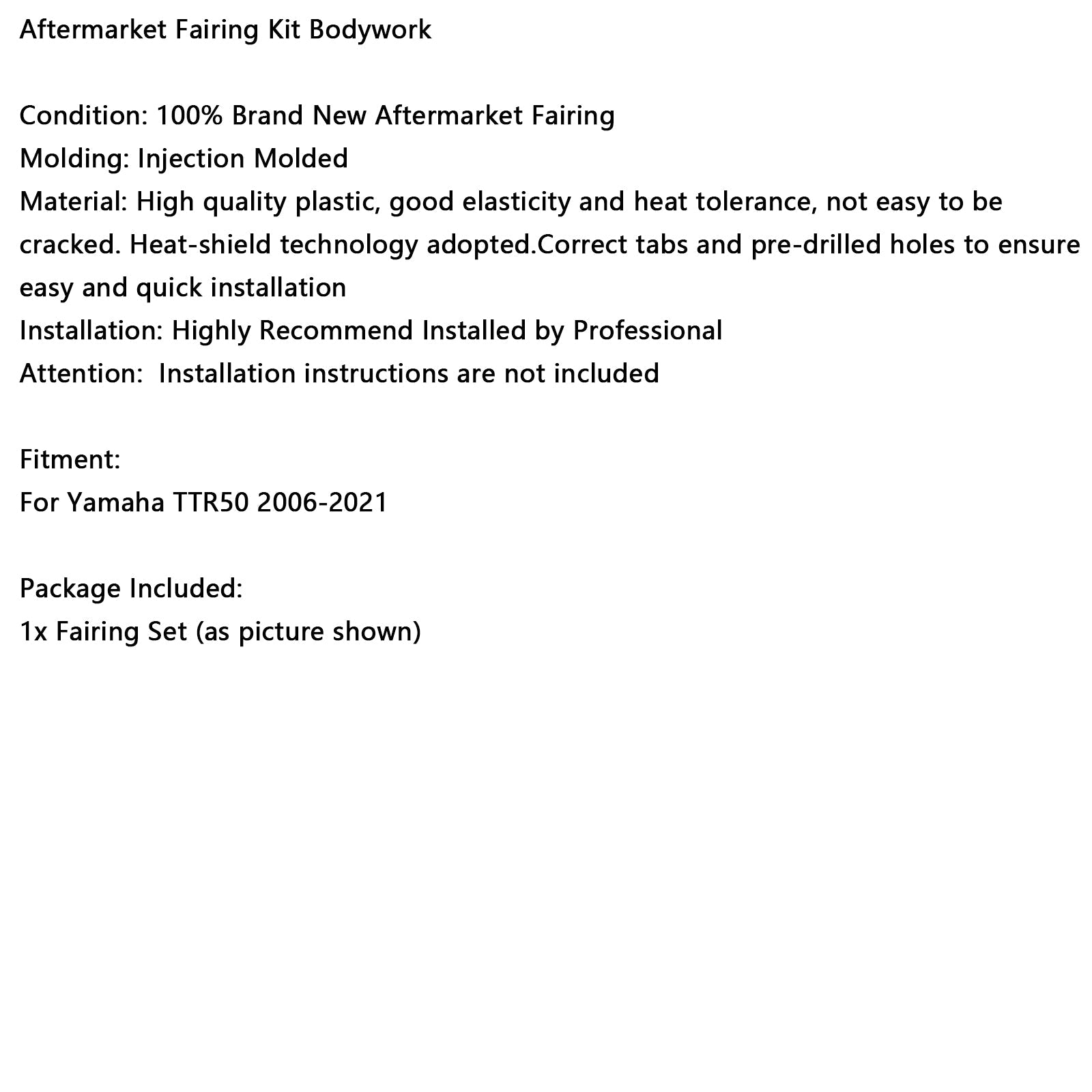 Kit per il corpo in plastica per carenatura di fango anteriore e posteriore per Yamaha TTR50 2006-2021