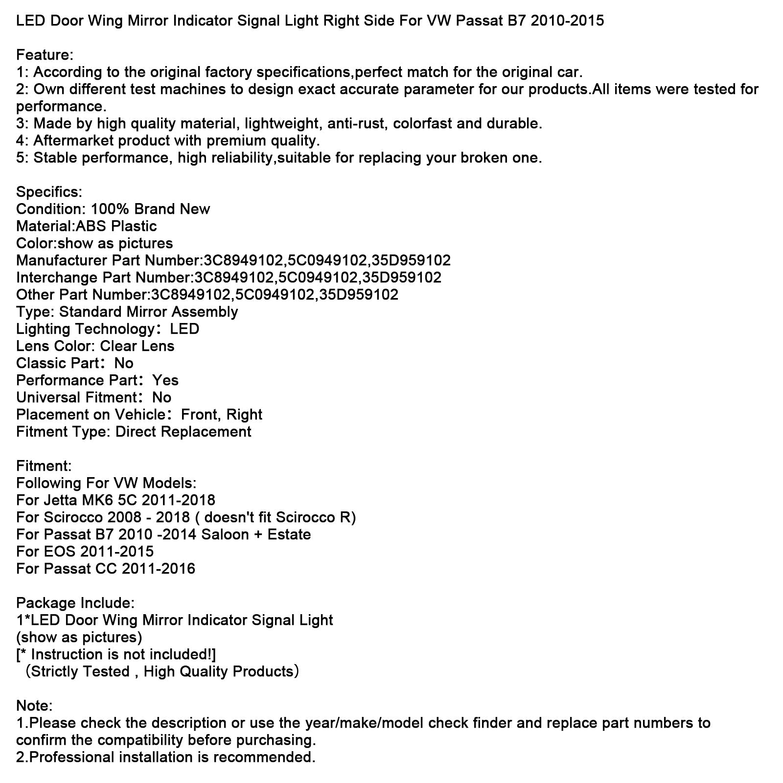 Sygnał skrętu prawego lustra dla VW PASSAT B7 2010-2015