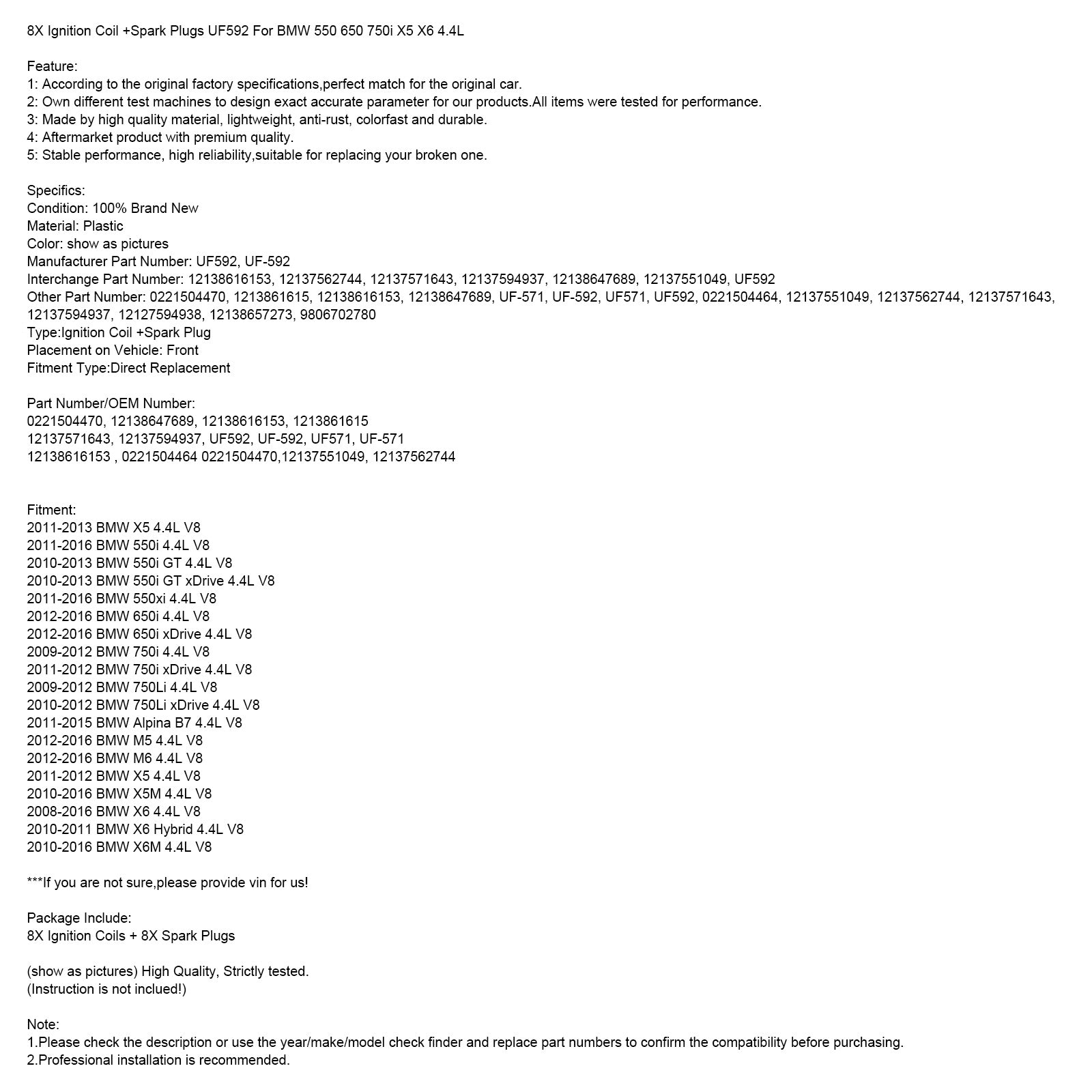 Lot de 8 bobines d'allumage et bougies d'allumage UF592 pour BMW 550 650 750i X5 X6 4.4L