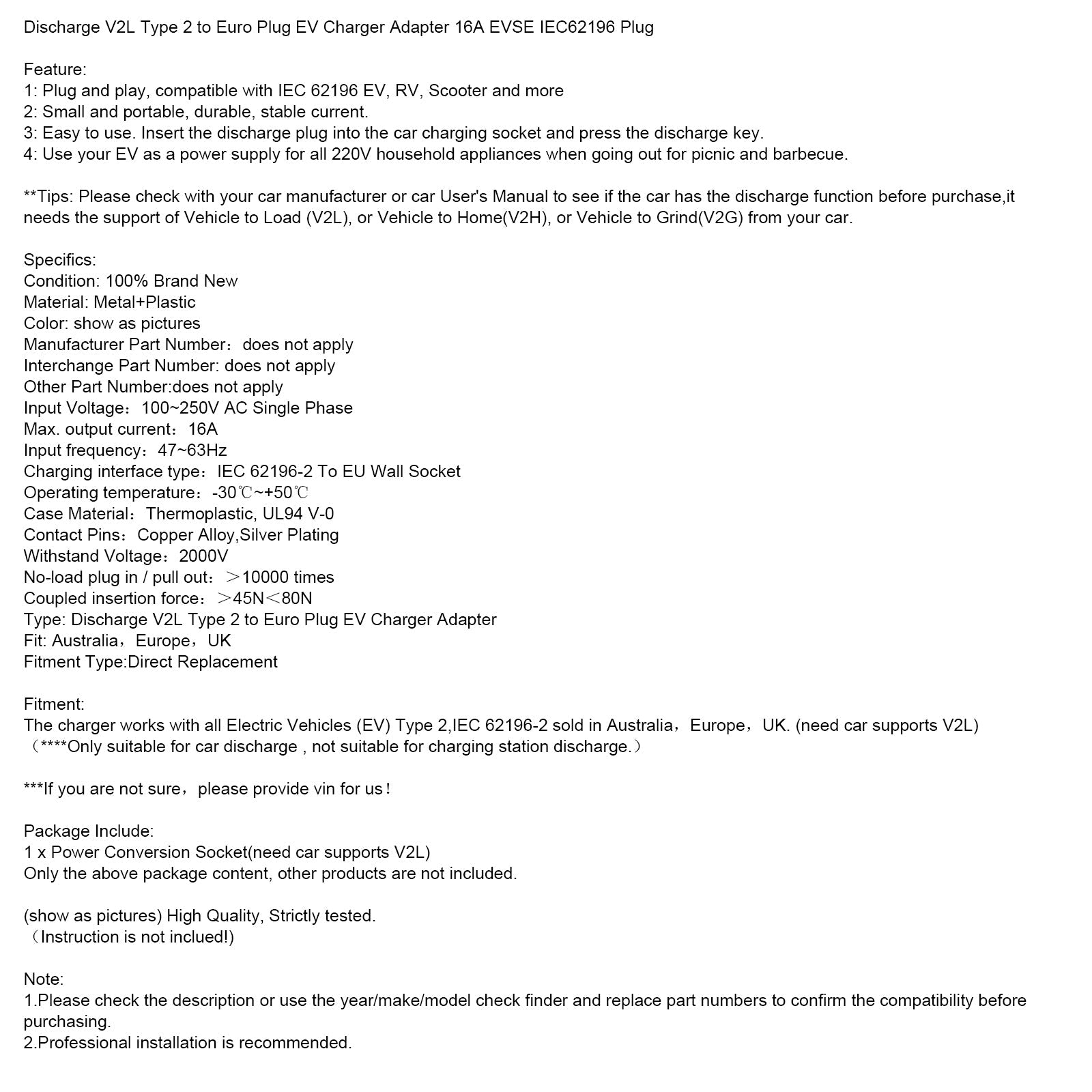 Adattatore per caricabatterie EV a scarica V2L tipo 2 a spina europea, presa EVSE IEC62196 16A